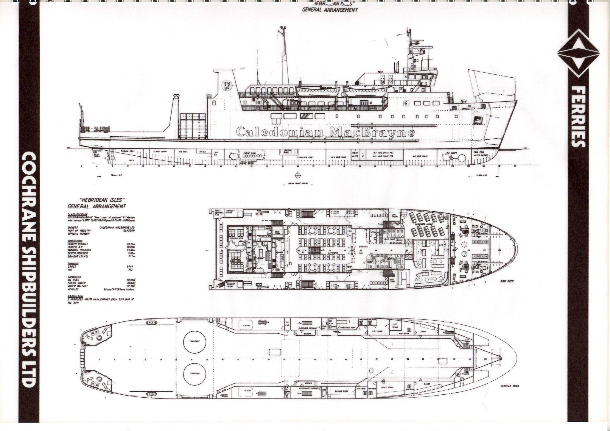 Blueprints of a large ferry, with side view, and two top down plans