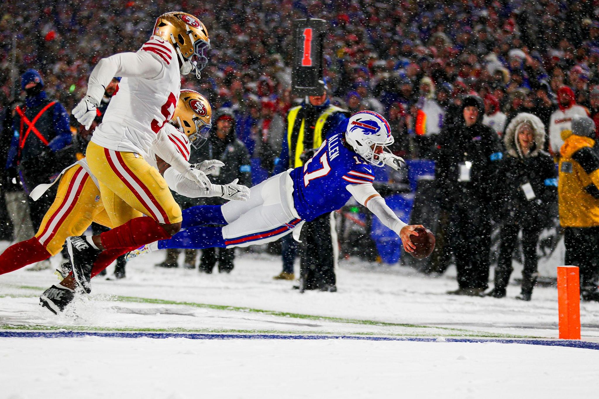 Josh Allen of the Buffalo Bills dives for a touchdown in the third quarter of a game against the San Francisco 49ers at Highmark Stadium in Orchard Park, New York.