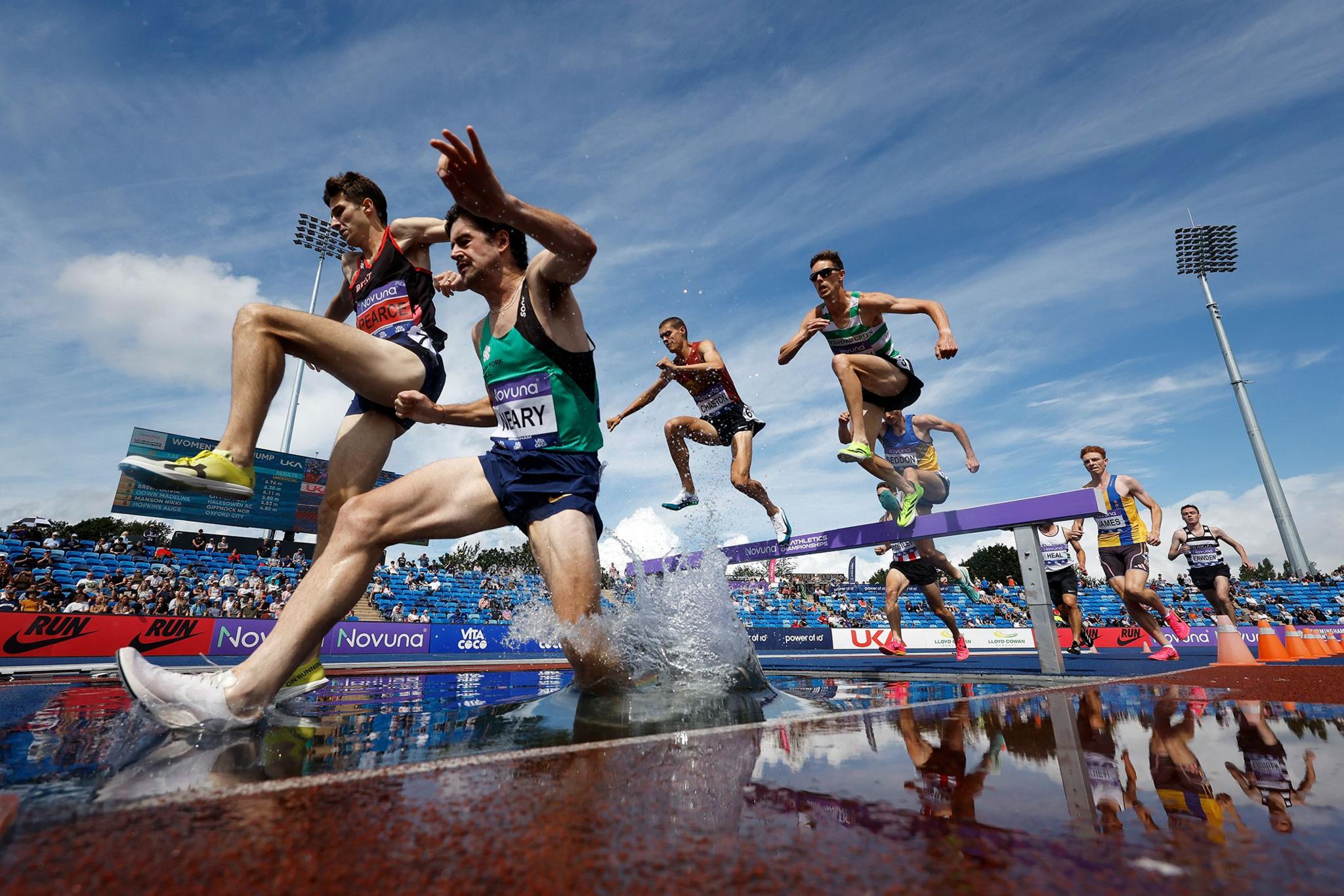 Team Shaftesbury Barnet Harriers' Mark Pearce Team City of York's Declan Neary compete in Men's 3000 Metres Steeplechase on day two of the 2025 UK Athletics Championships at Alexander Stadium in Birmingham, England. Photo by Matt Lewis