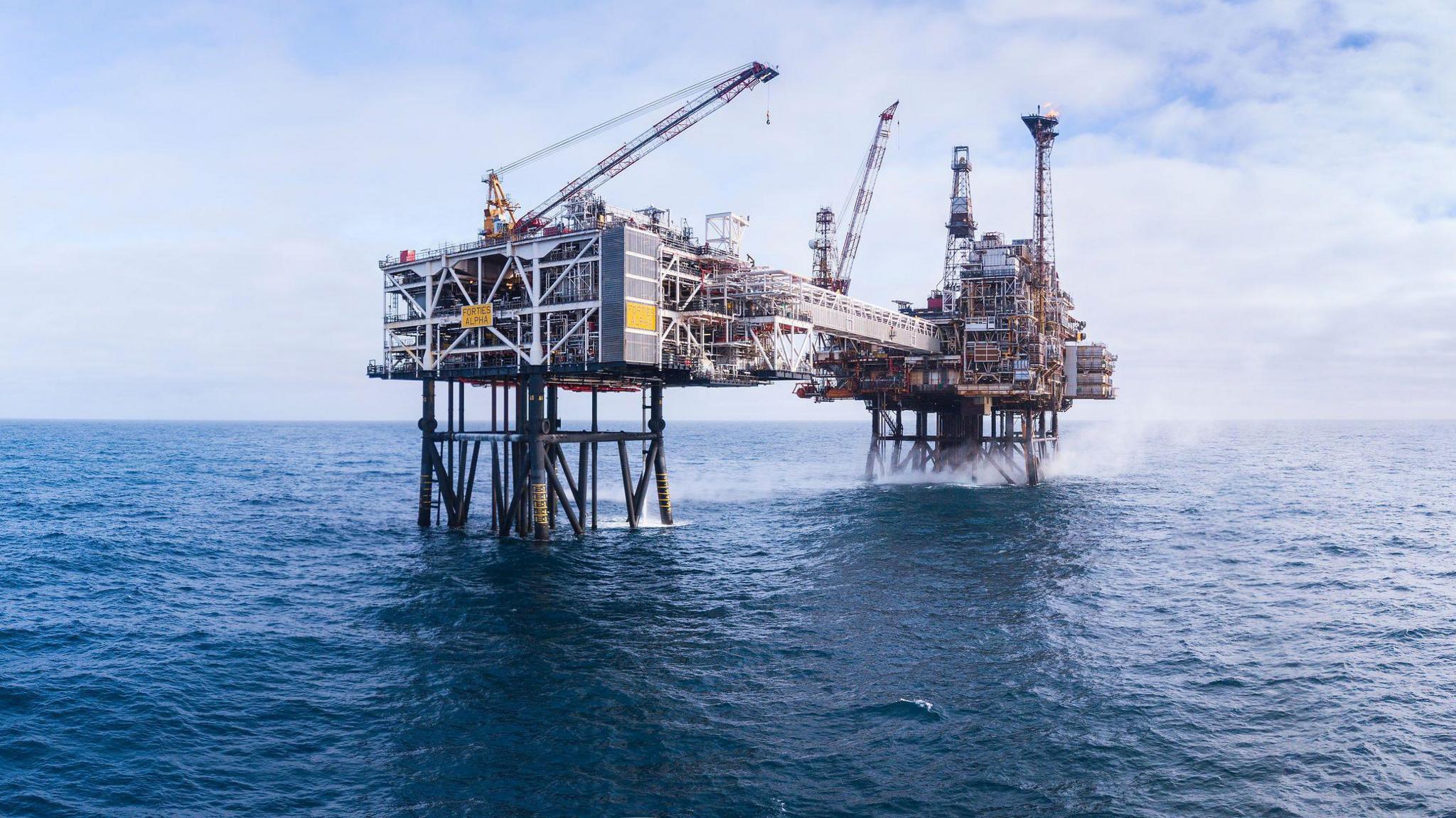 An image of the Forties Alpha platform and its smaller satellite platform, linked to each other by a bridge, in the North Sea 110 miles east of Aberdeen.