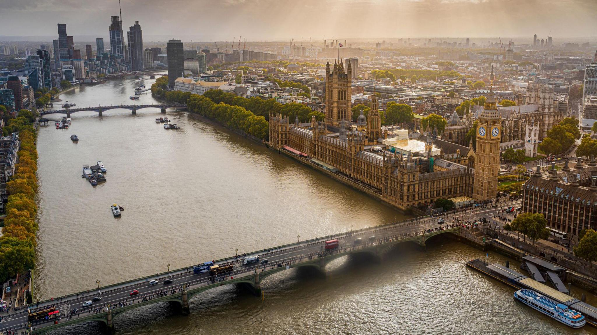Aerial view of the River Thames in London.
