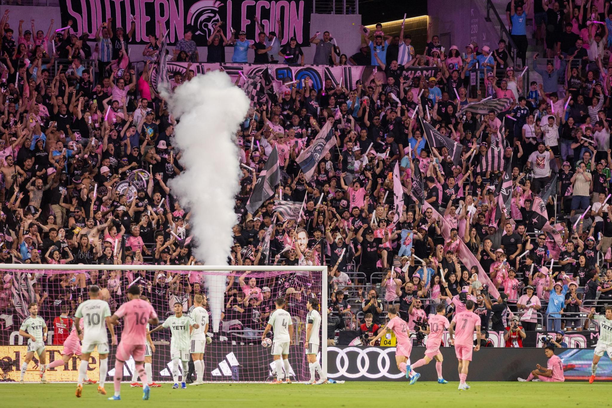 Inter Miami celebrate scoring against FC Austin in front of their fans
