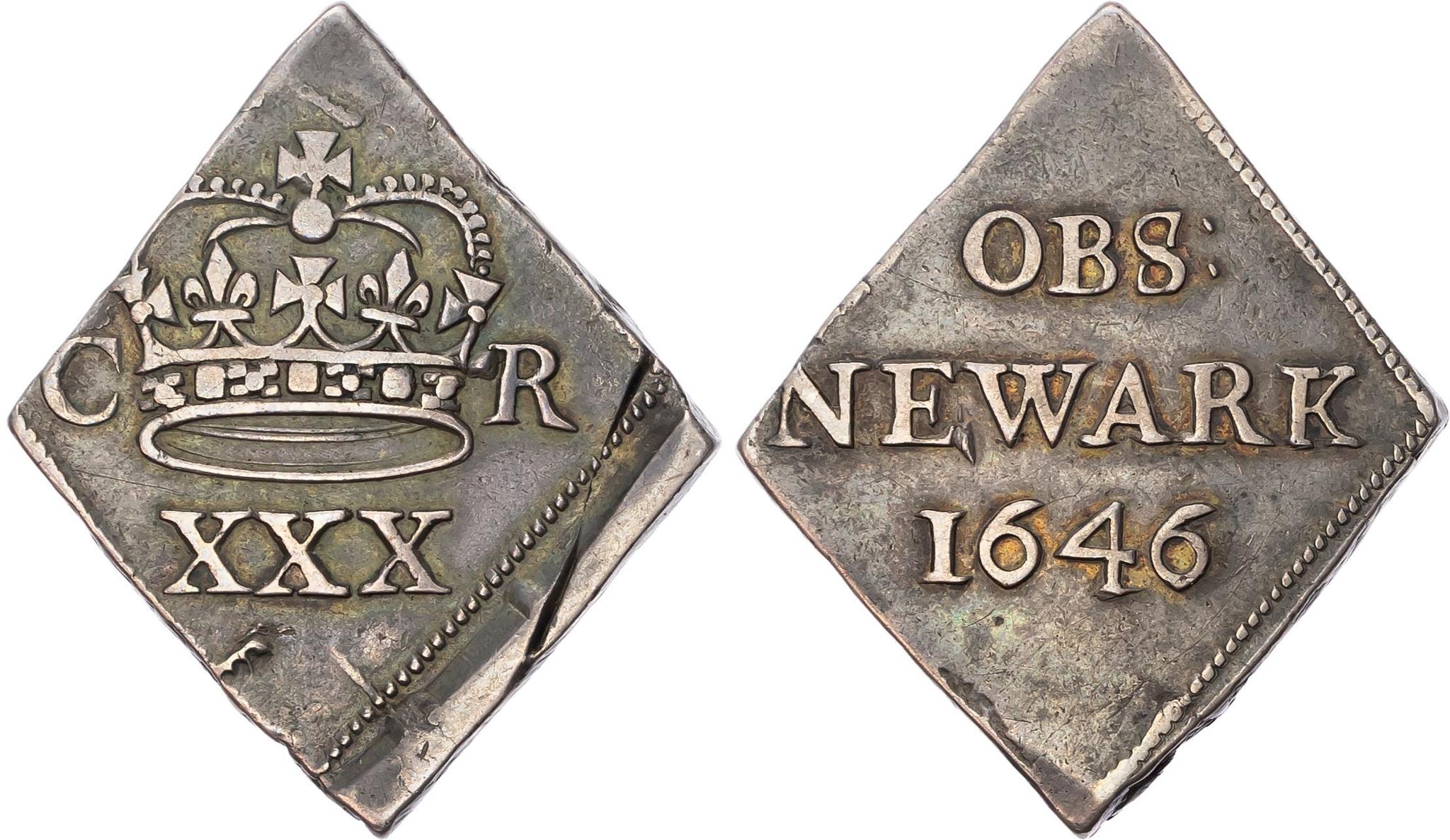 Diamond-shaped piece of metal, showing both sides, one with a crown and CR XXX stamped on it, the other with OBS Newark 1646