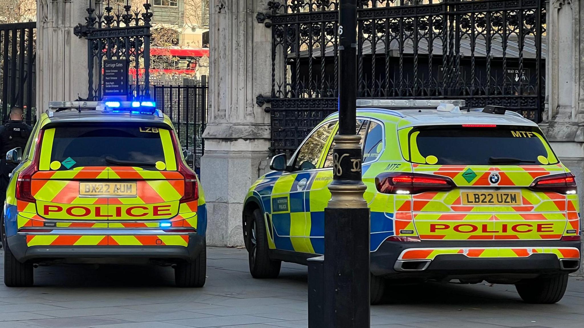 Police cars parked outside the Houses of Parliament