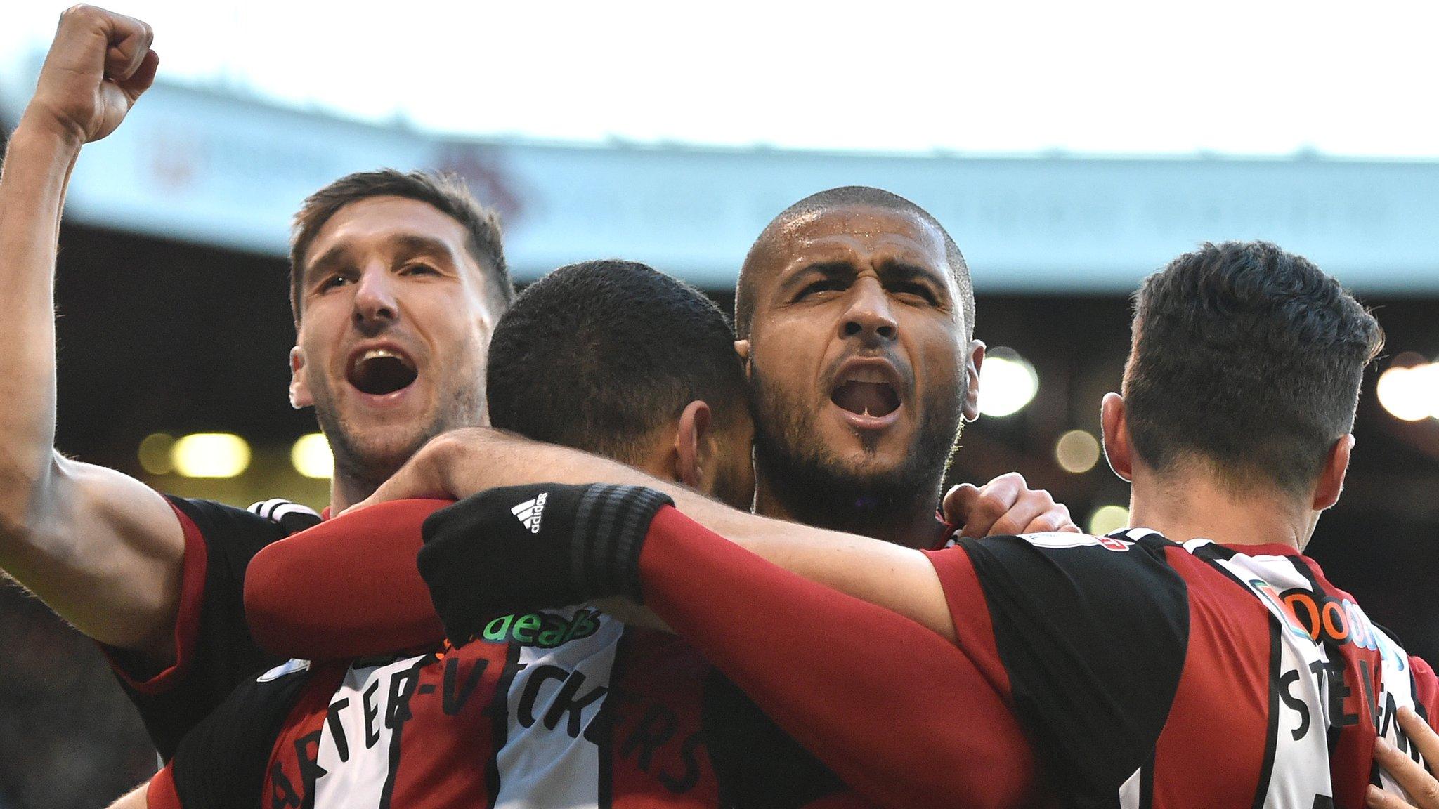 Leon Clarke (second right) celebrates his equaliser for Sheffield United