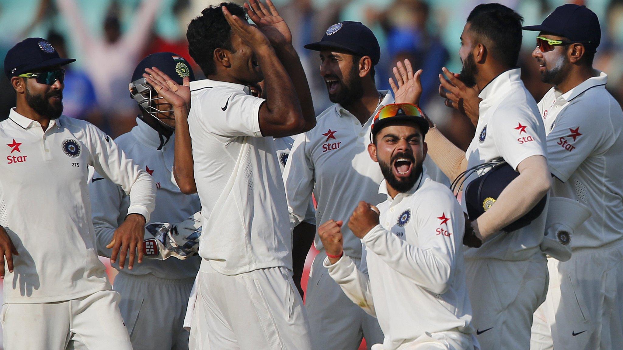 India players, including captain Virat Kohli, celebrate