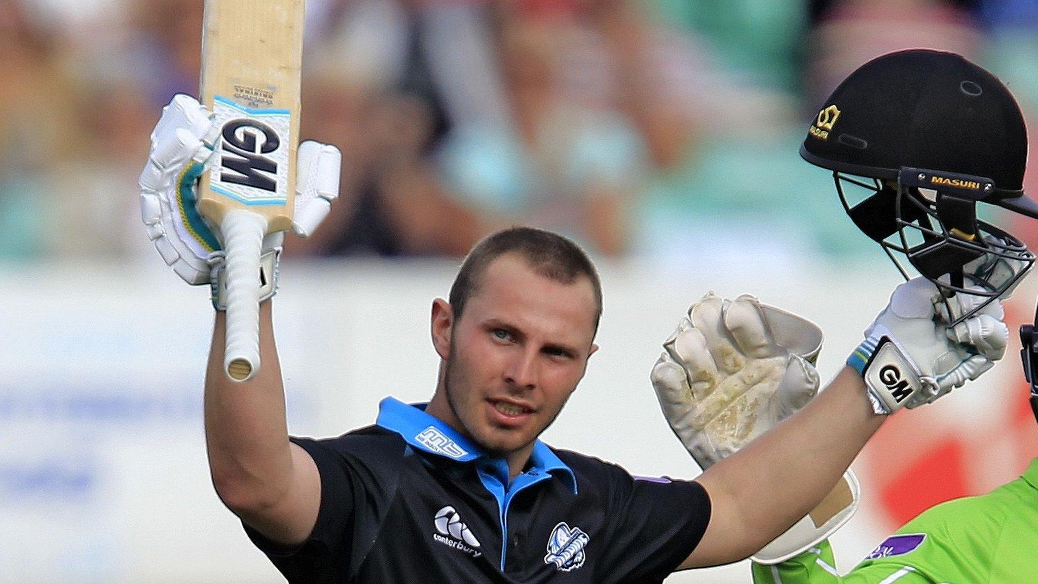 Worcestershire's Tom Fell celebrates celebrates his century against Lancashire