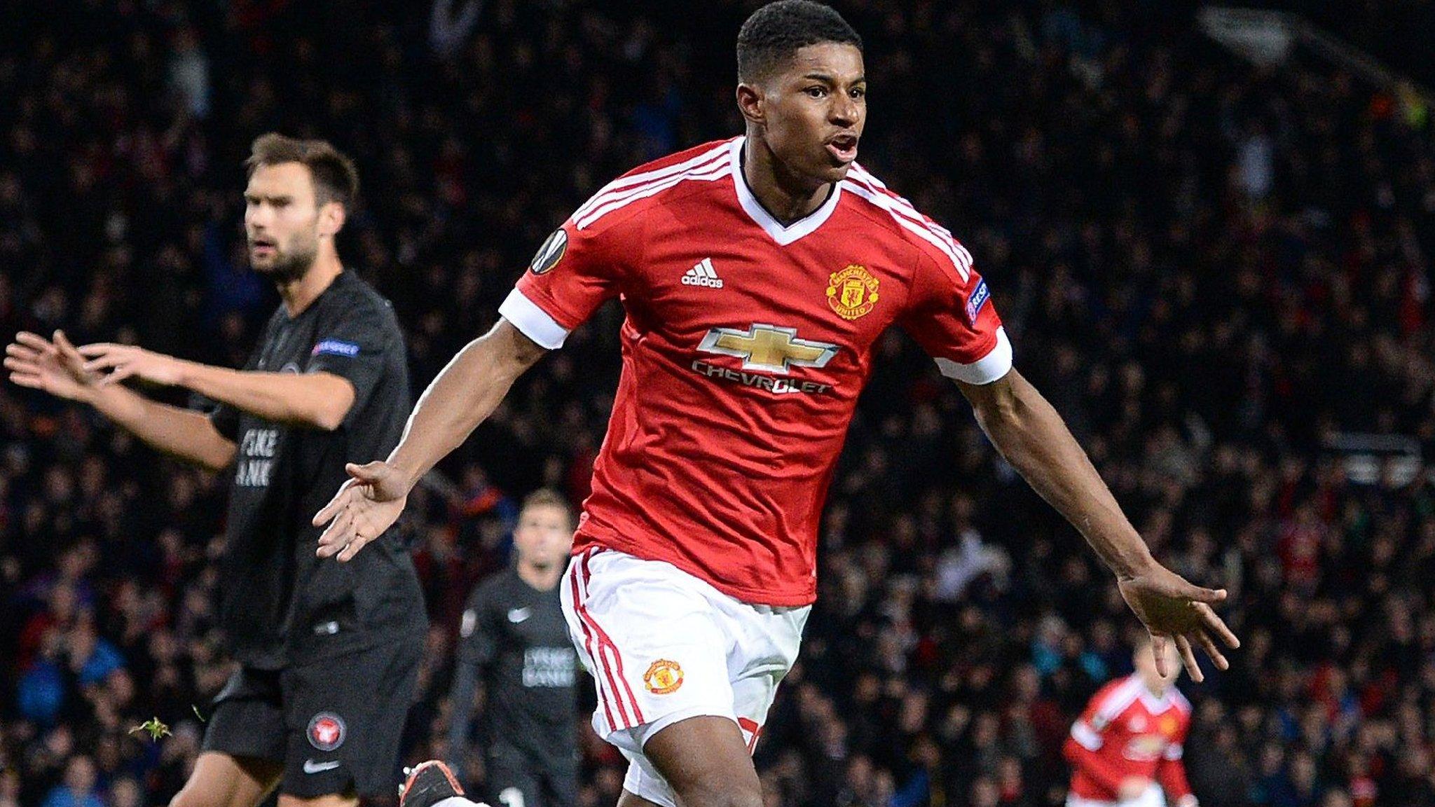 Marcus Rashford celebrates scoring for Manchester United on his debut