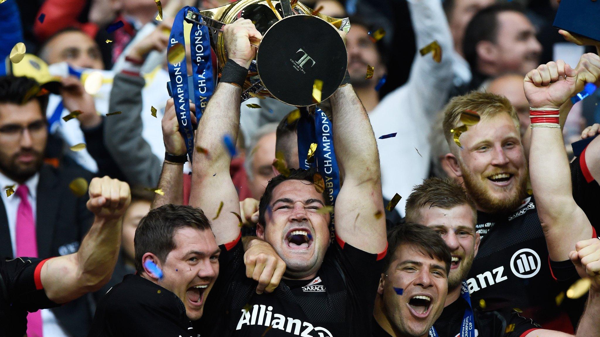 Brad Barritt of Saracens lifts the trophy