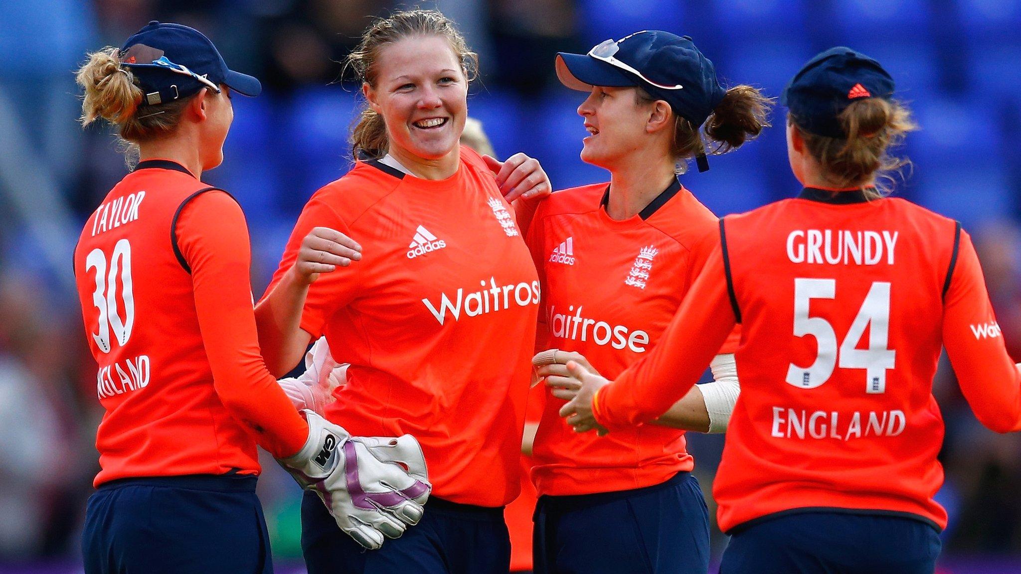 Anya Shrubsole (second left) celebrates a wicket with Lydia Greenway (second right)