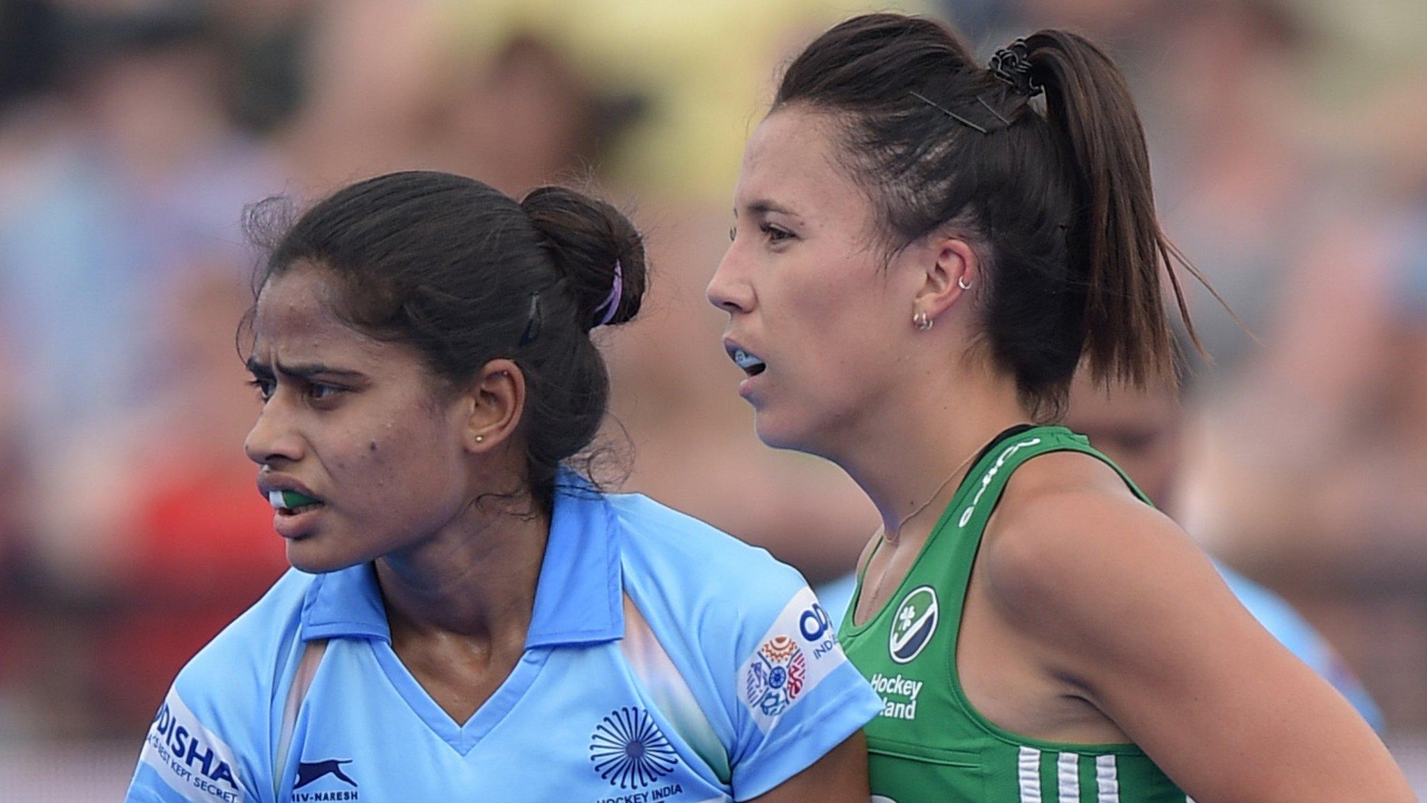 Ireland's Anna O'Flanagan battles with India's Reena Khokhar in last Thursday's pool match