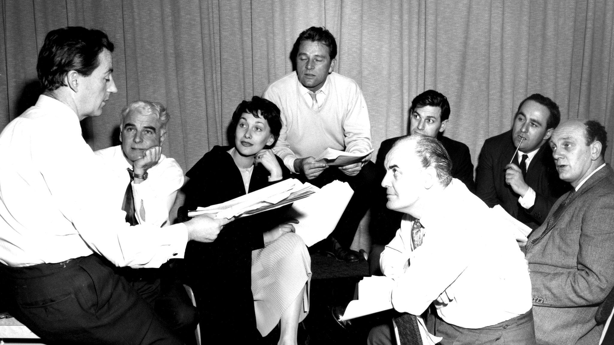 Emyr Humphreys, Emlyn Williams, Sian Phillips, Richard Burton, Hugh David, Gareth Jones, Meredith Edwards, and Clifford Evans rehearsing a play in 1958