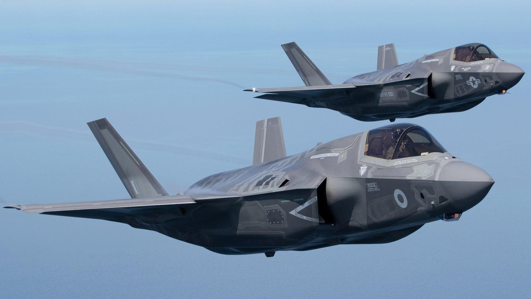 RAF F35 Lightning alongside US F35B flying over North Sea in July 2016