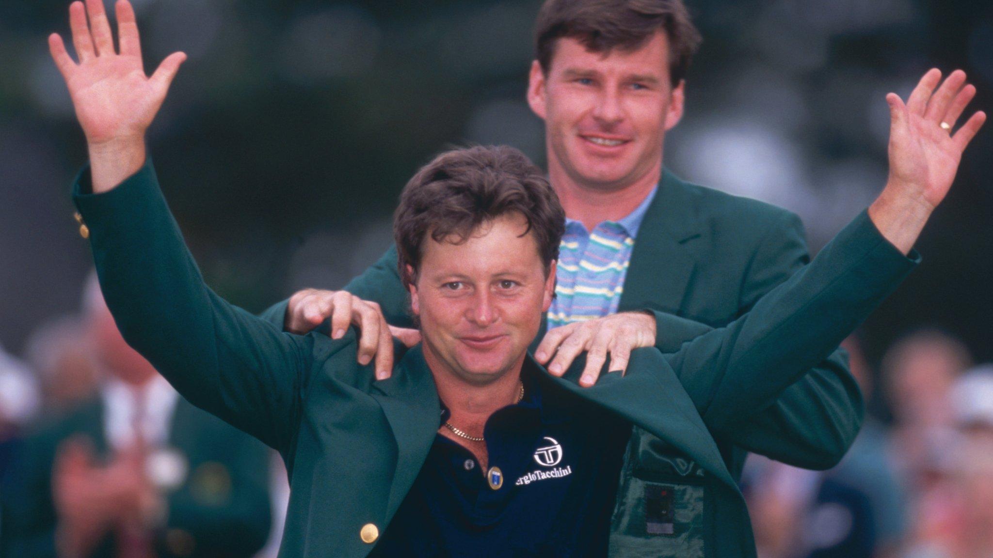 Ian Woosnam receiving the Green Jacket from Nick Faldo in 1991