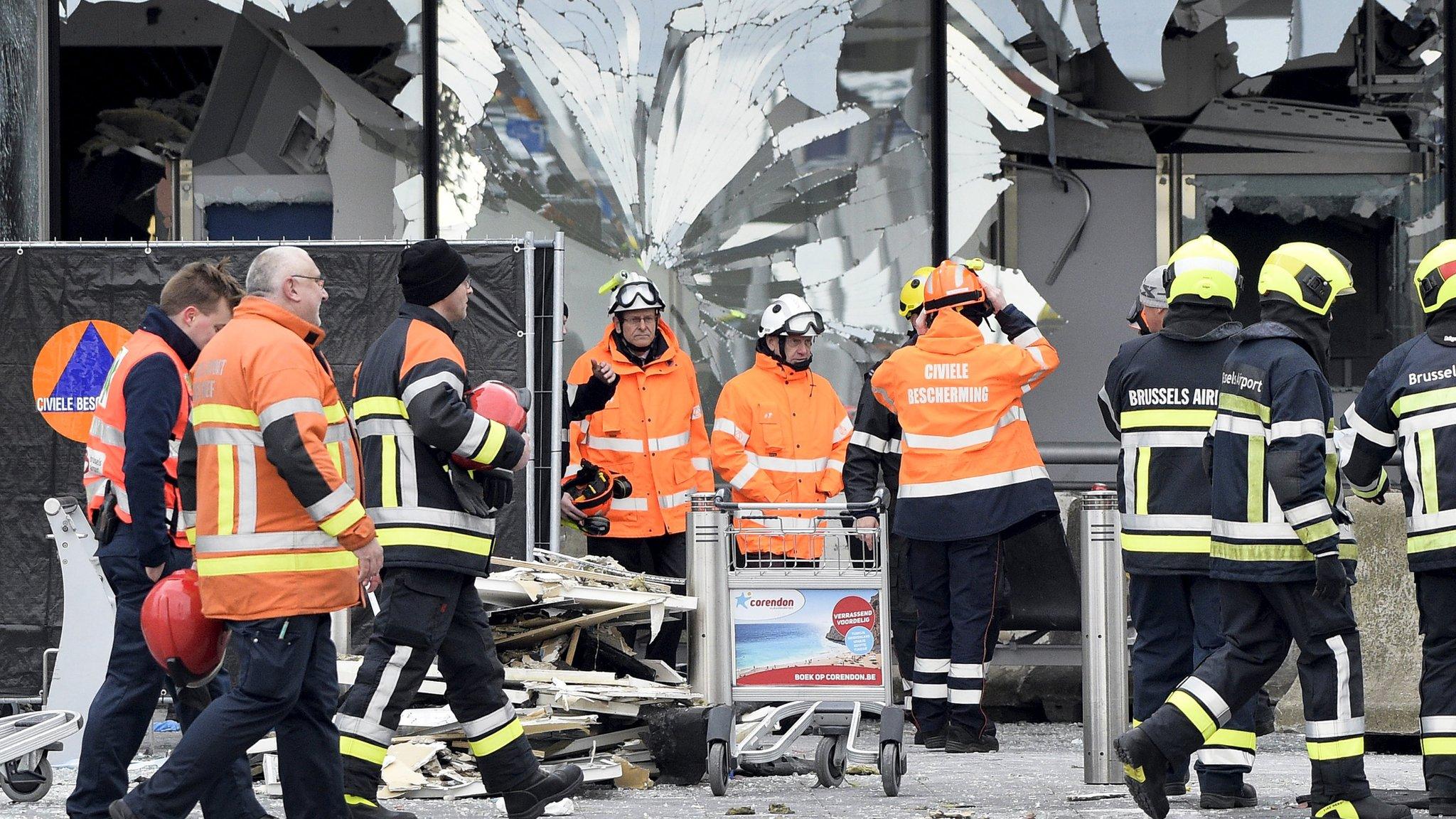 Broken windows of terminal at Brussels international airport. March 23, 2016