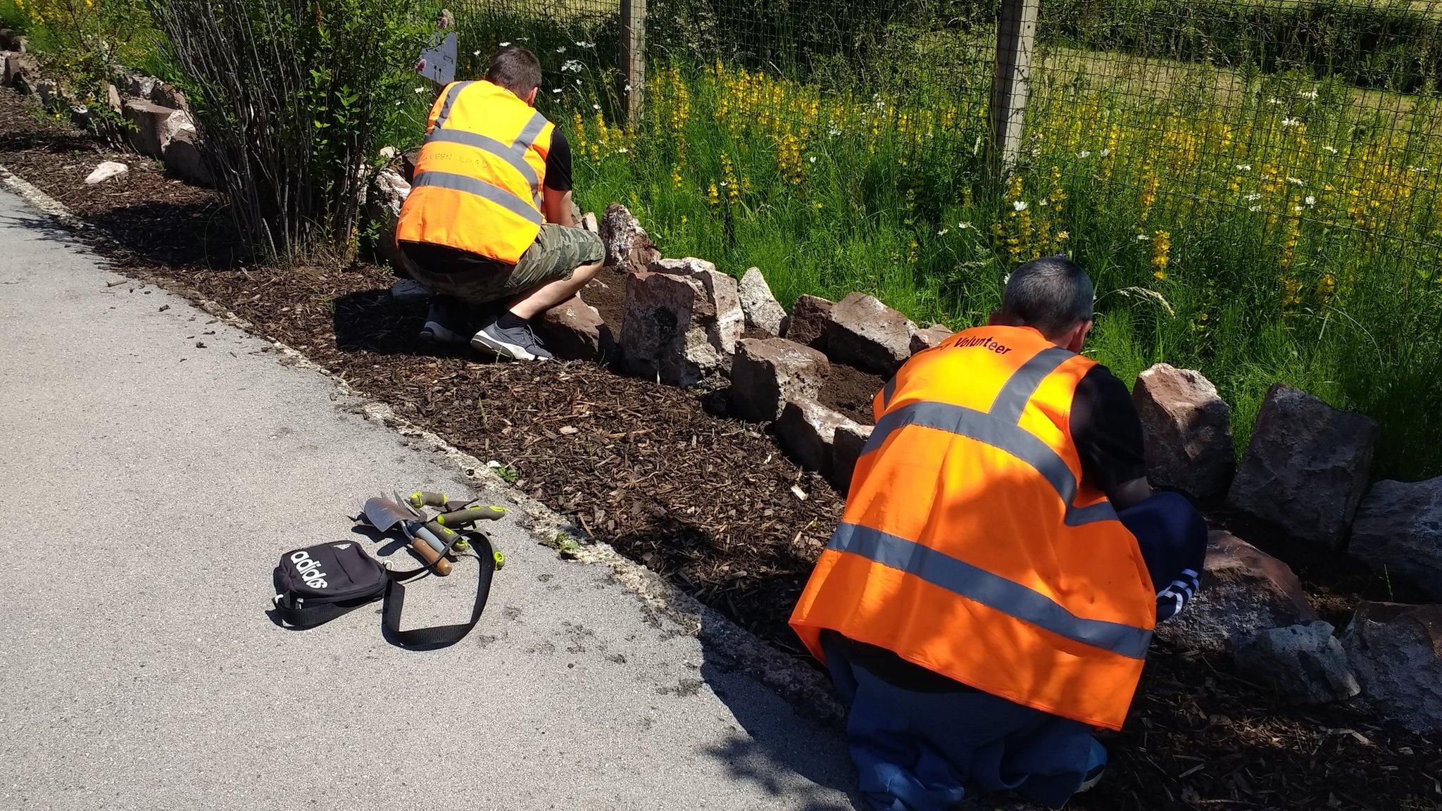 Recovering addicts working on flowerbeds at Green Road train station near Millom, Cumbria