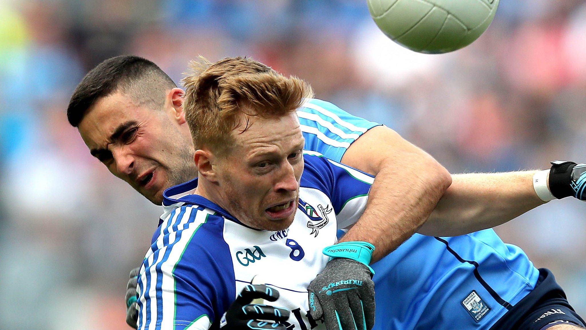 Dublin's Jack McCarthy clashes with Monaghan midfielder Kieran Hughes