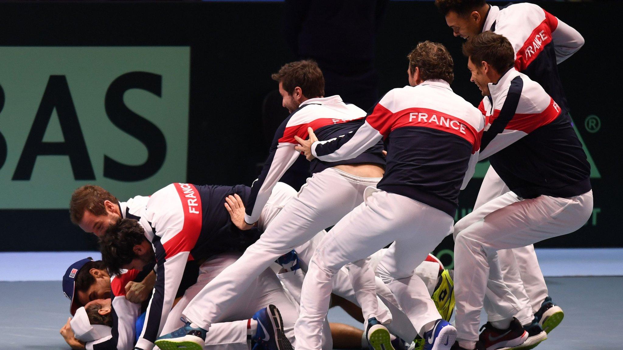 France celebrate winning the Davis Cup against Belgium