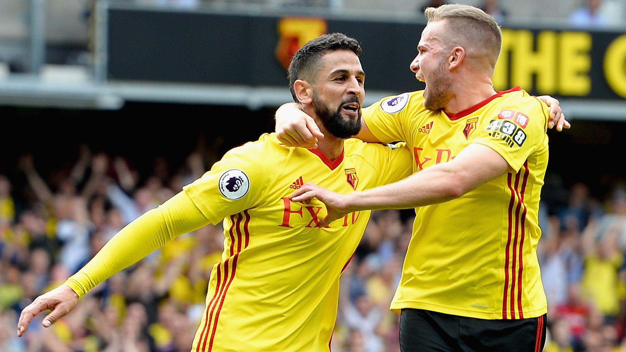 Miguel Britos celebrates scoring Watford's equaliser against Liverpool