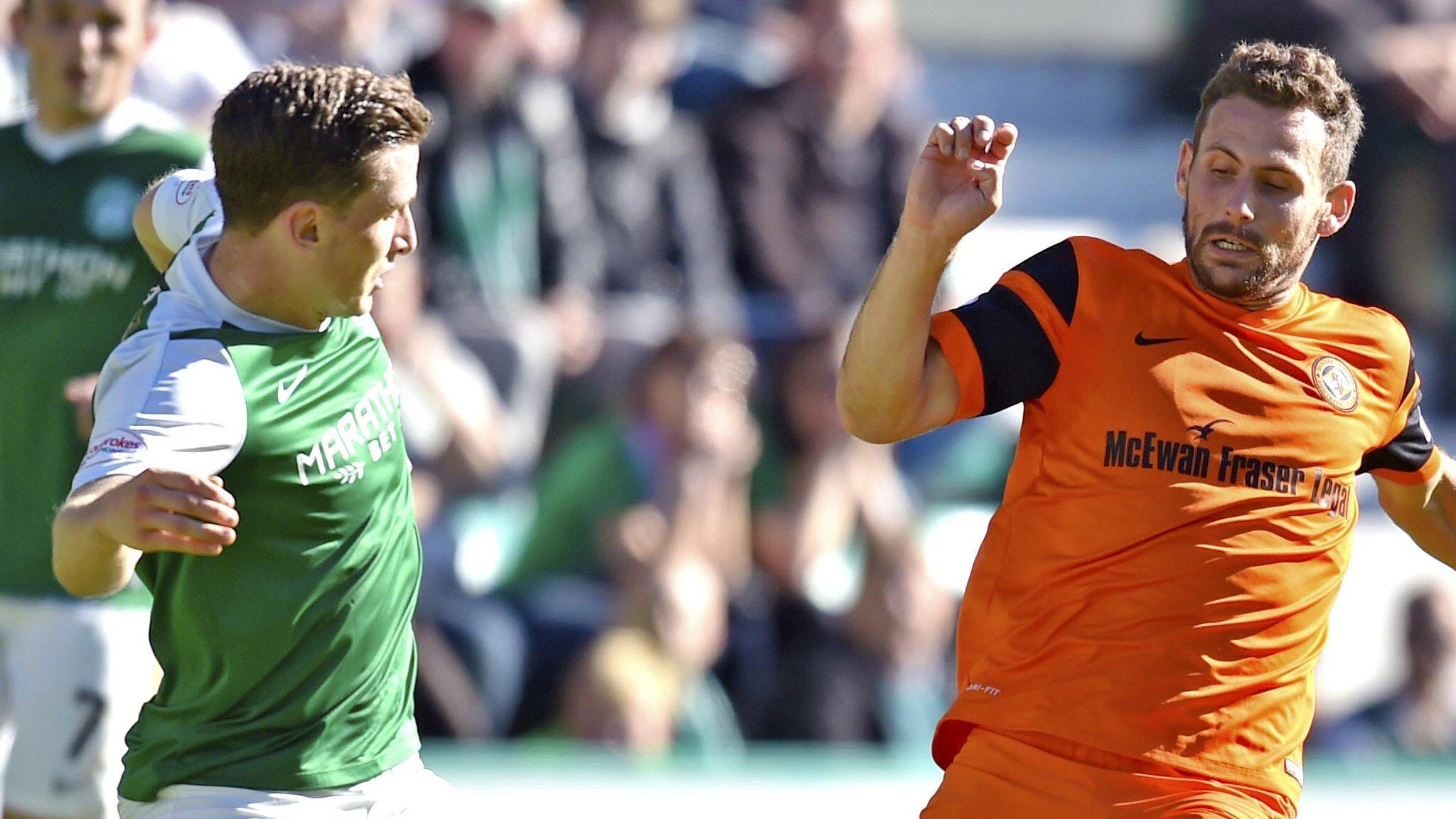 Hibs' Paul Hanlon challenges Dundee United's Tony Andreu in their first Easter Road meeting this season