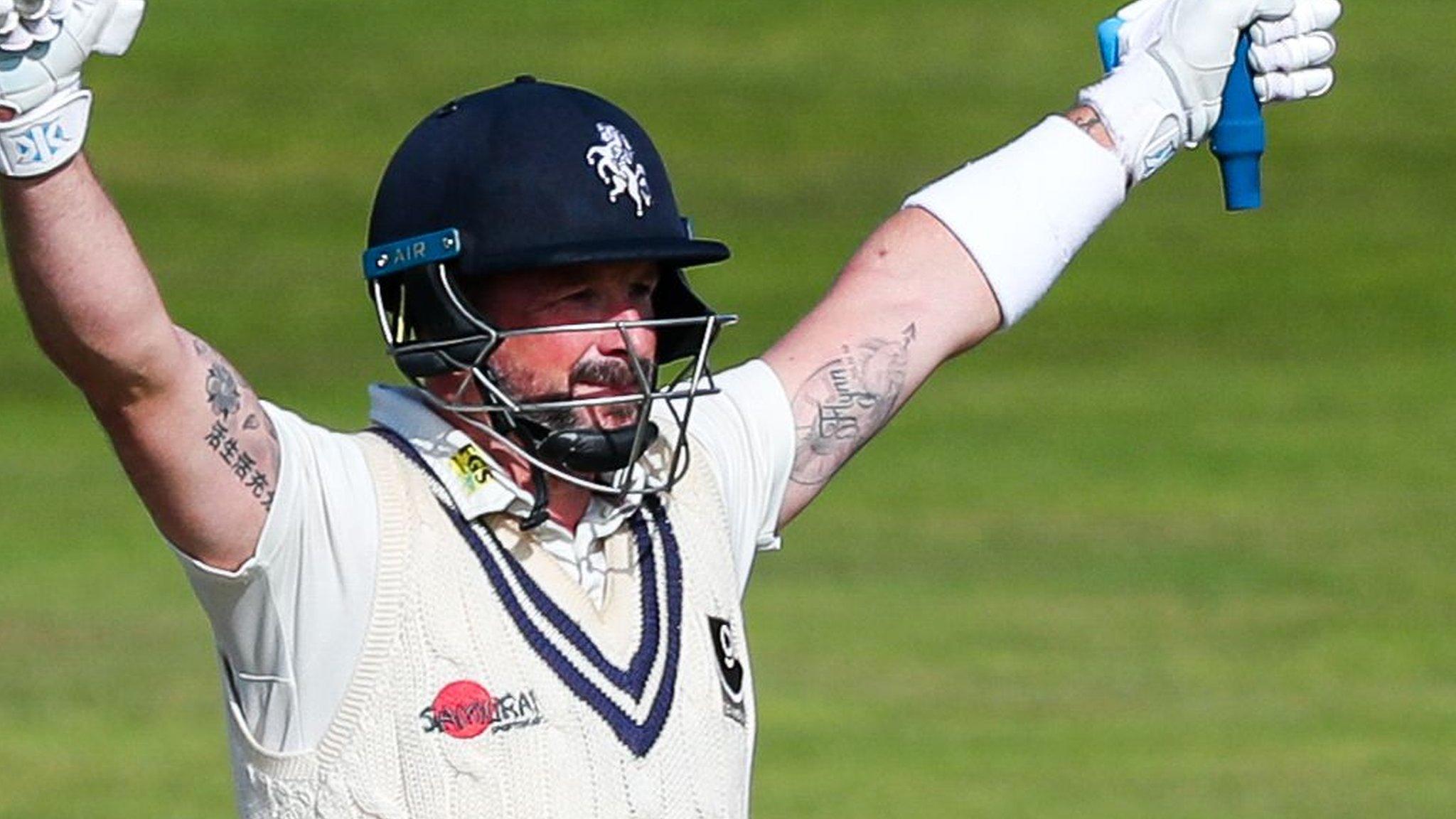 Darren Stevens celebrates bringing up his century for Kent