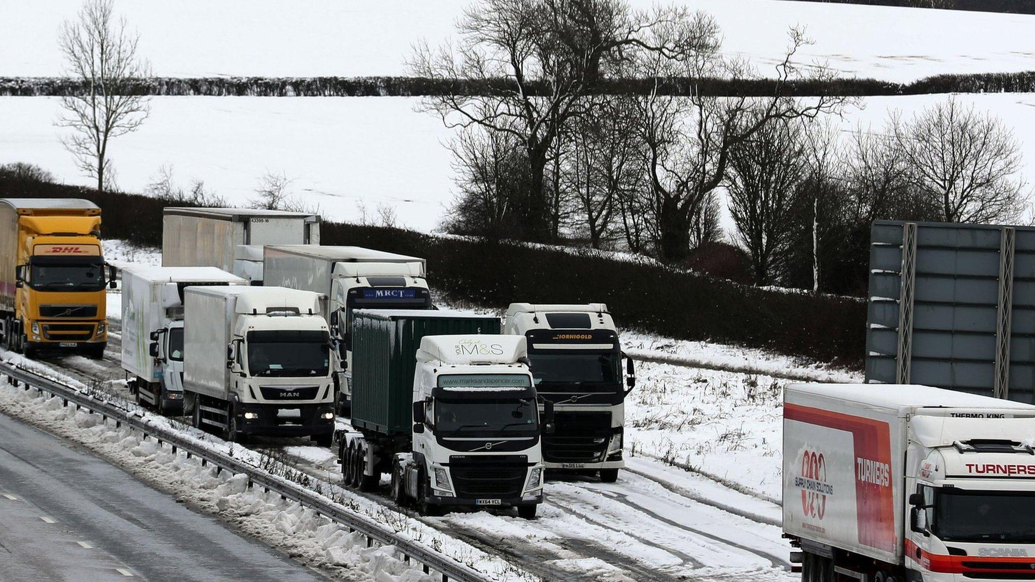 Lorries queue on the A14 in Northampton