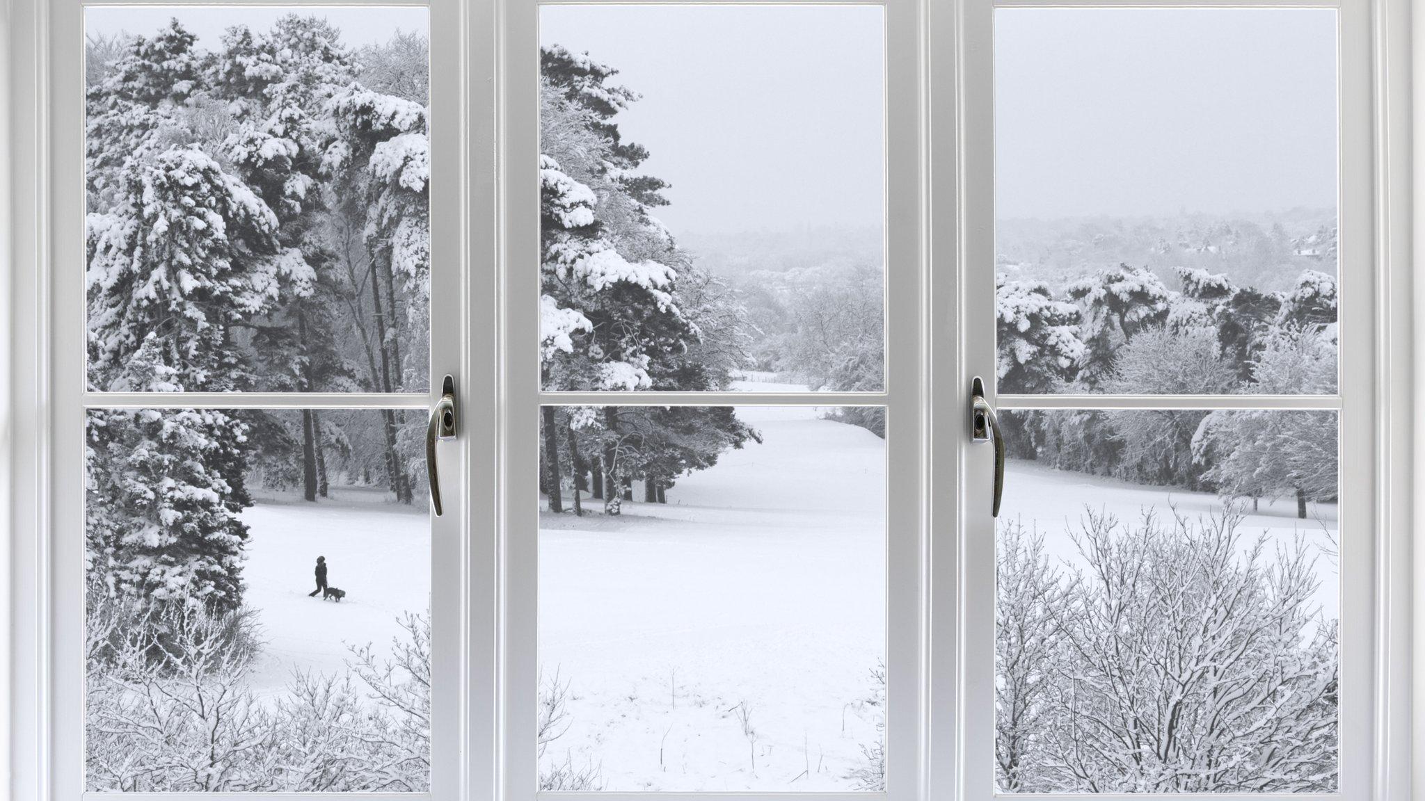 snow scene through window