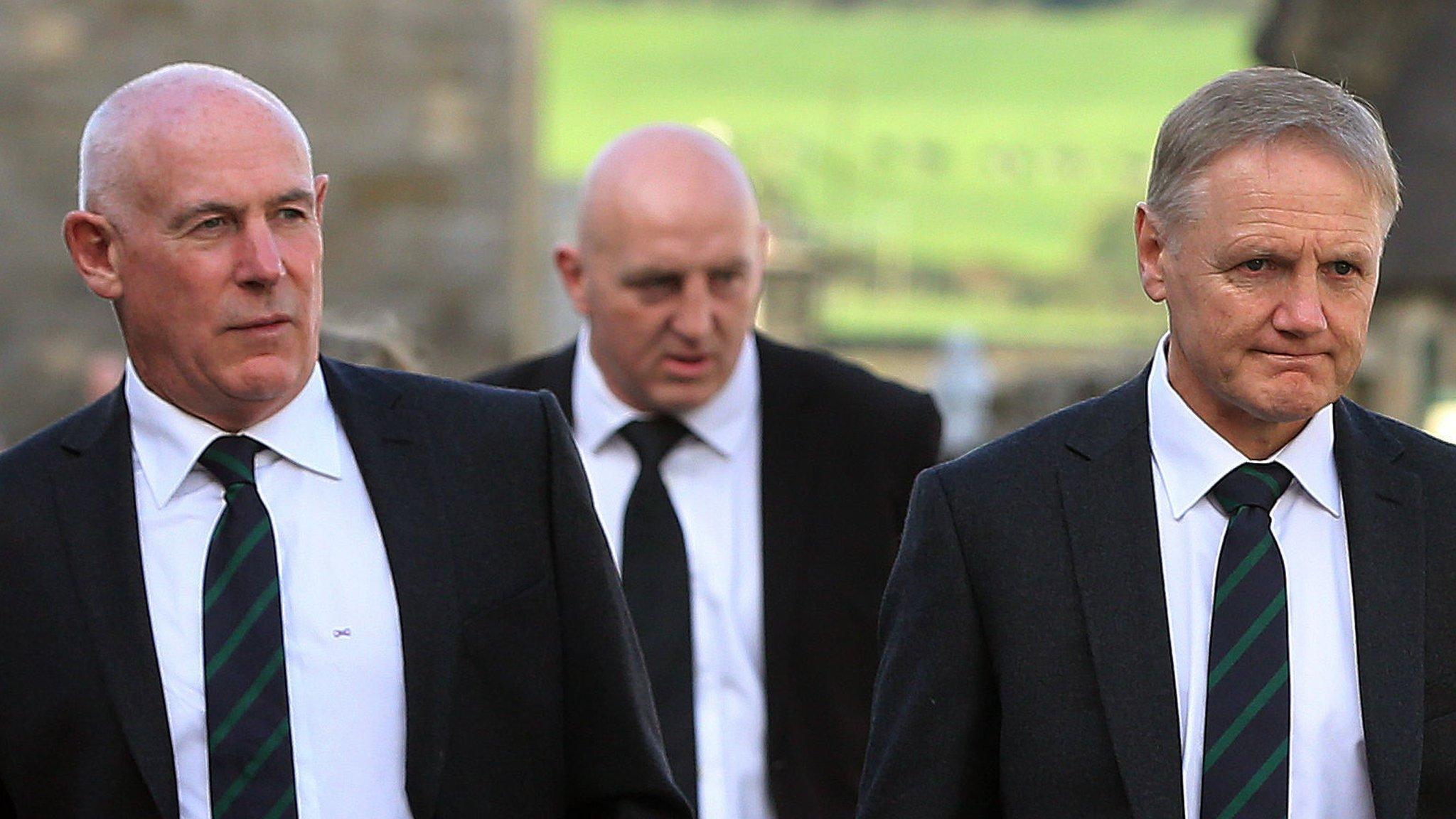 Ireland coach Joe Schmidt (right), former Ireland team manager Michael Kearney (left) and Keith Wood make their way into St Flannan's Church in Killaloe