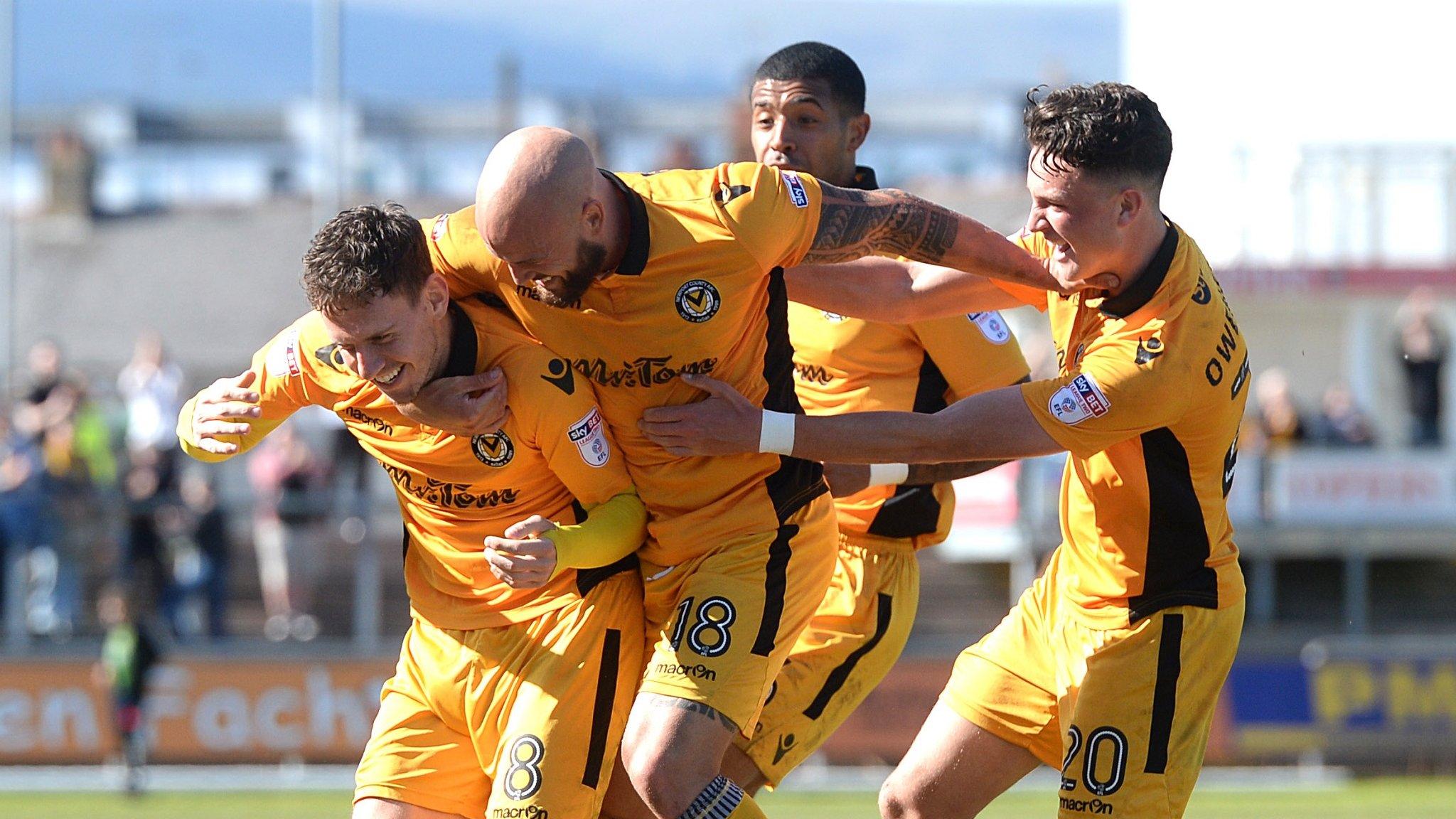 Newport County celebrate their winning goal against Accrington Stanley
