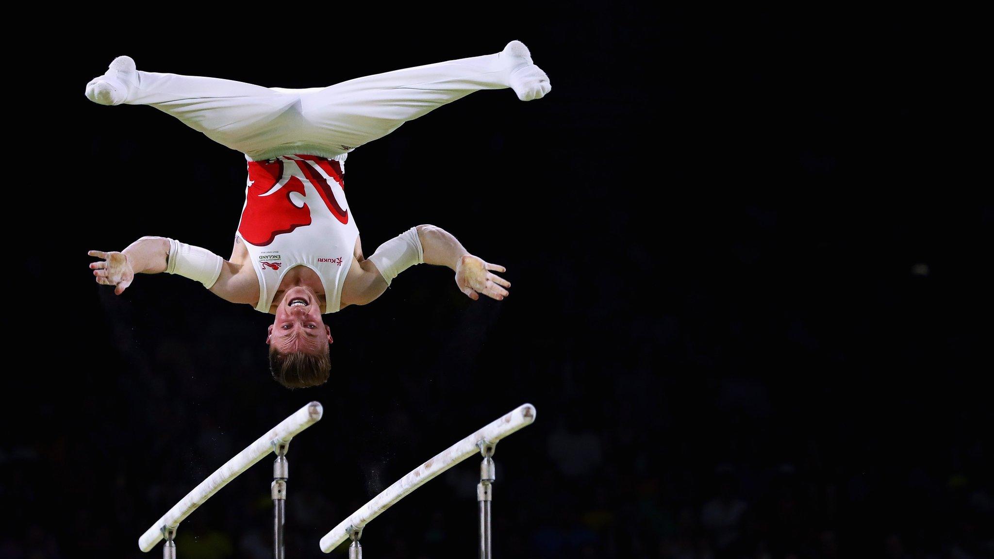 Nile Wilson of England competes in the men's parallel bars final on day five of the Gold Coast 2018 Commonwealth Games