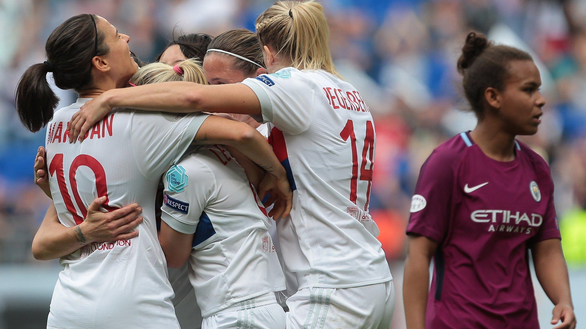 Lyon celebrate Lucy Bronze's goal against Manchester City Women