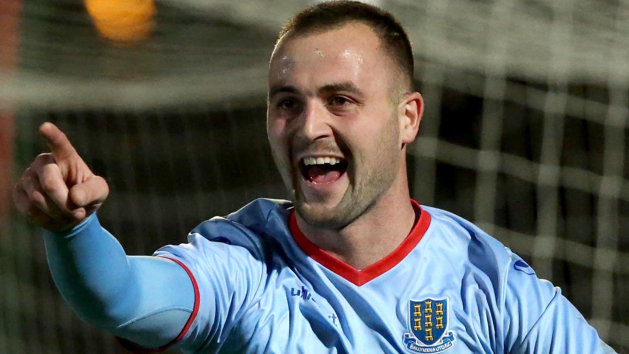 Sky Blues defender Kyle Owens celebrates scoring the opener against Portadown at the Showgrounds