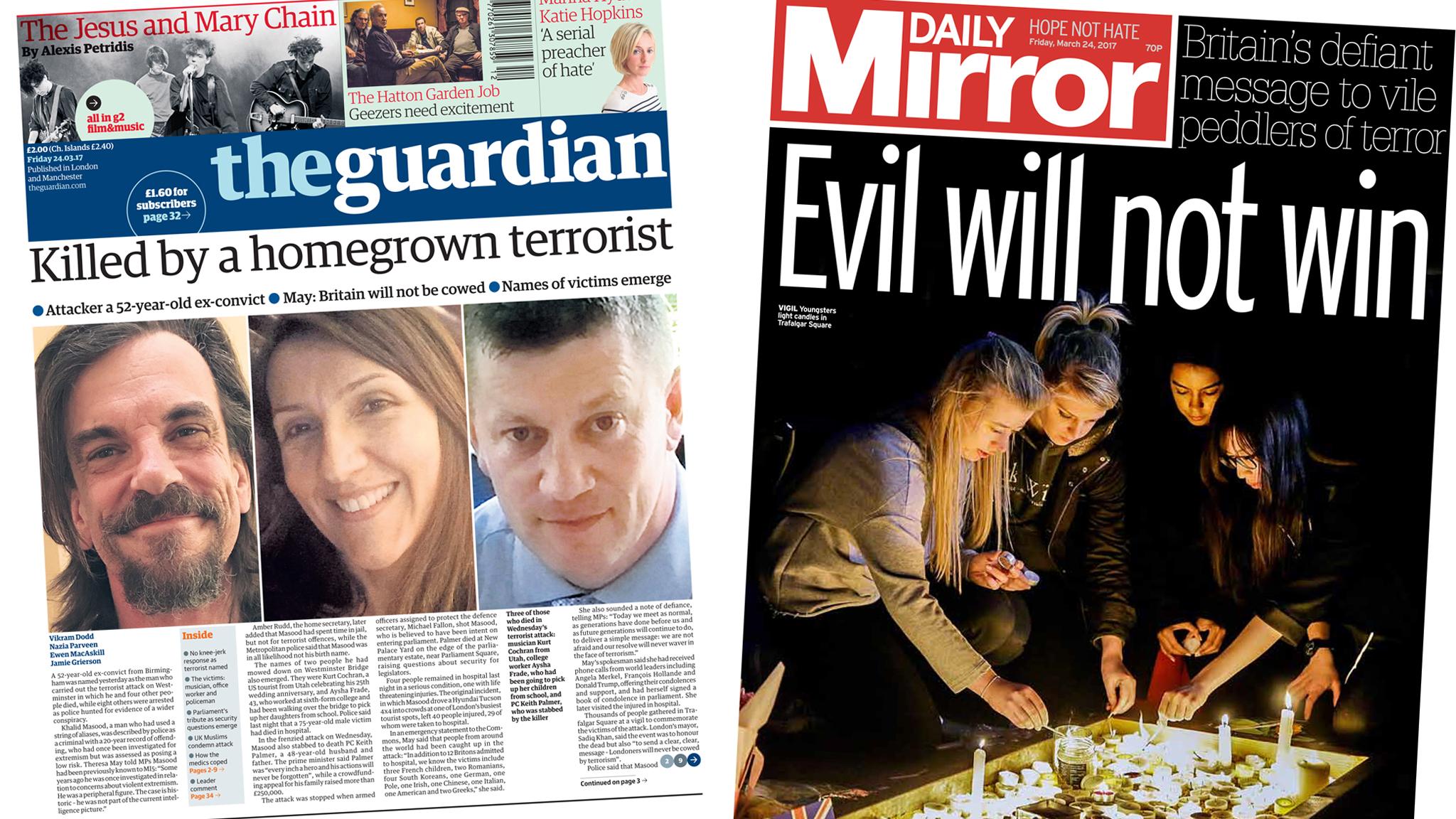 Guardian and Mirror front pages - 24/03/17