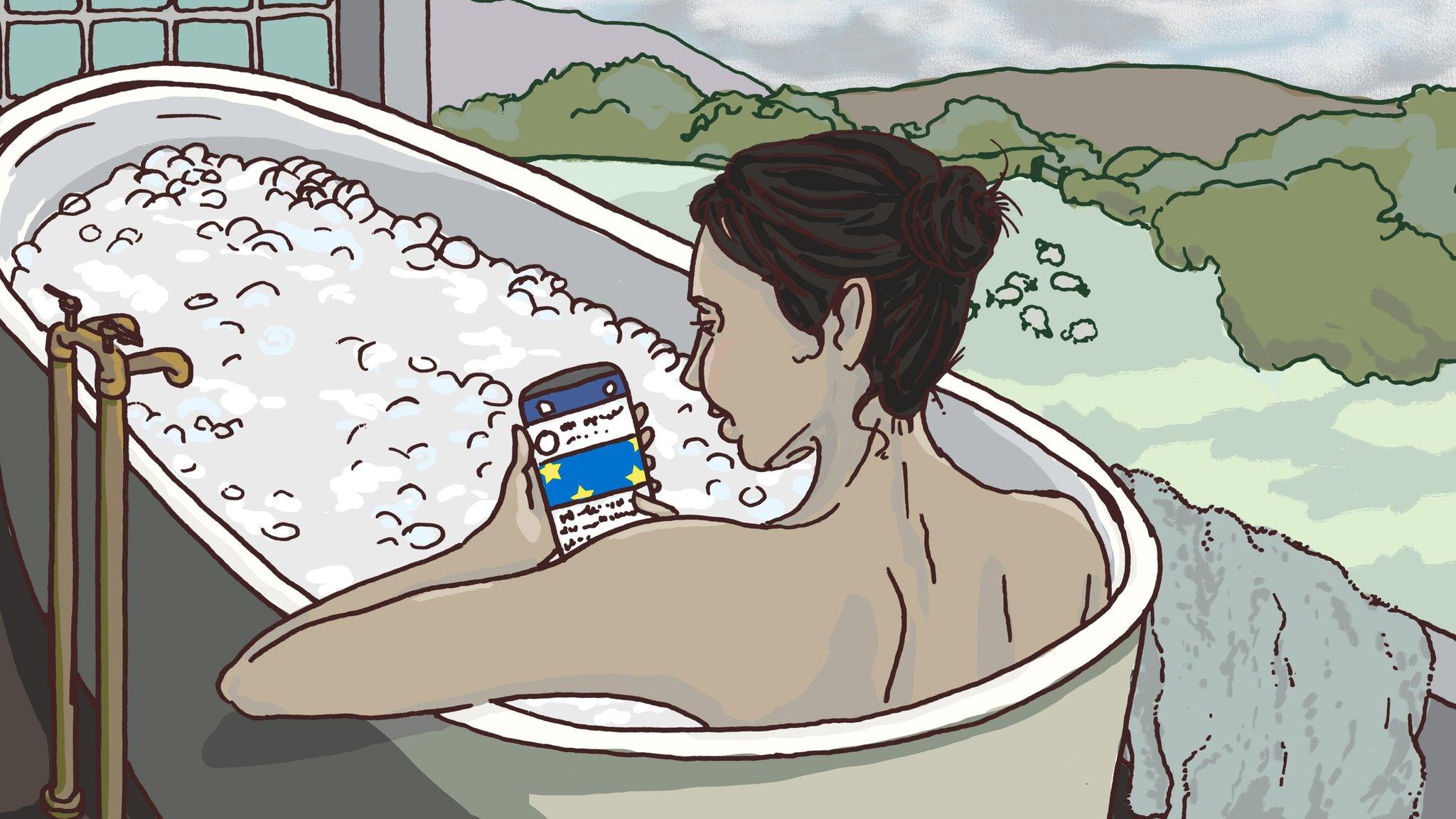 An illustration of a woman in a bathtub checking her phone