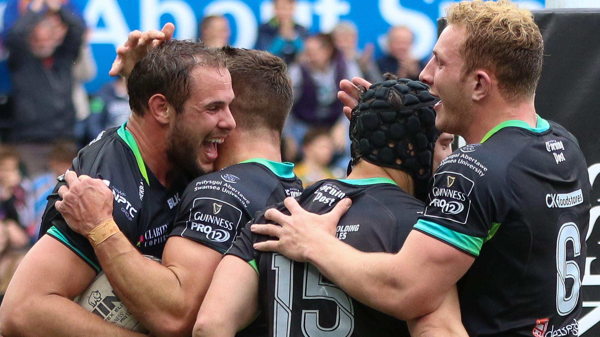 Ospreys celebrate their second try against Ulster