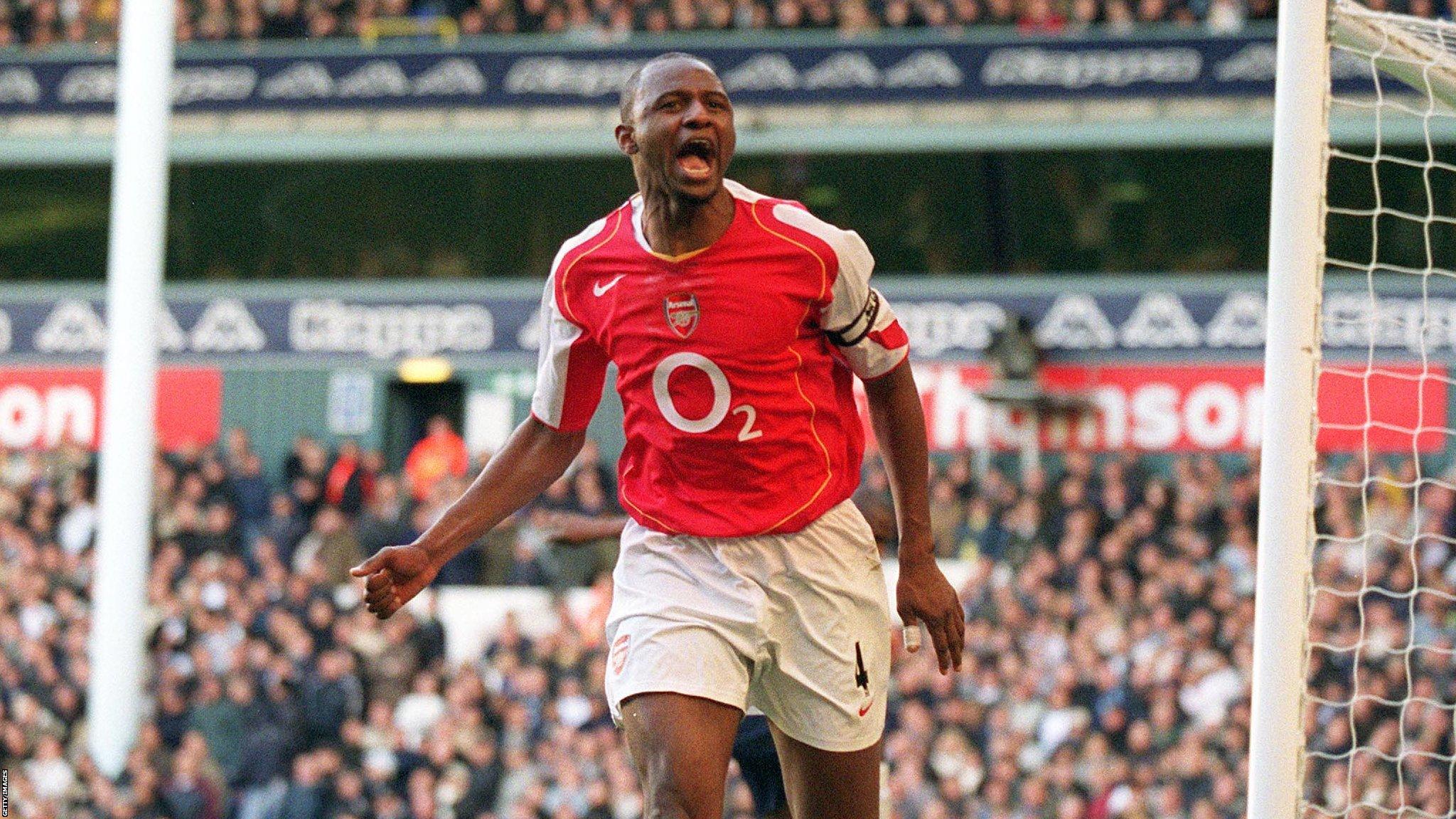 Patrick Vieira scores for Arsenal against Tottenham in the Premier League in 2004