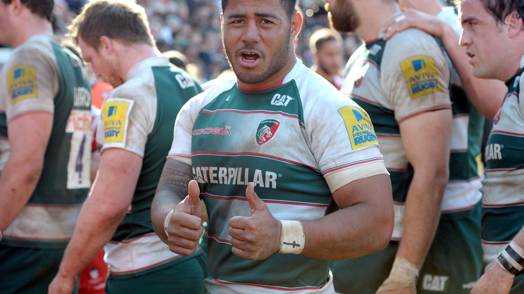 Manu Tuilagi with his thumbs up after Leicester Tigers' win over Gloucester