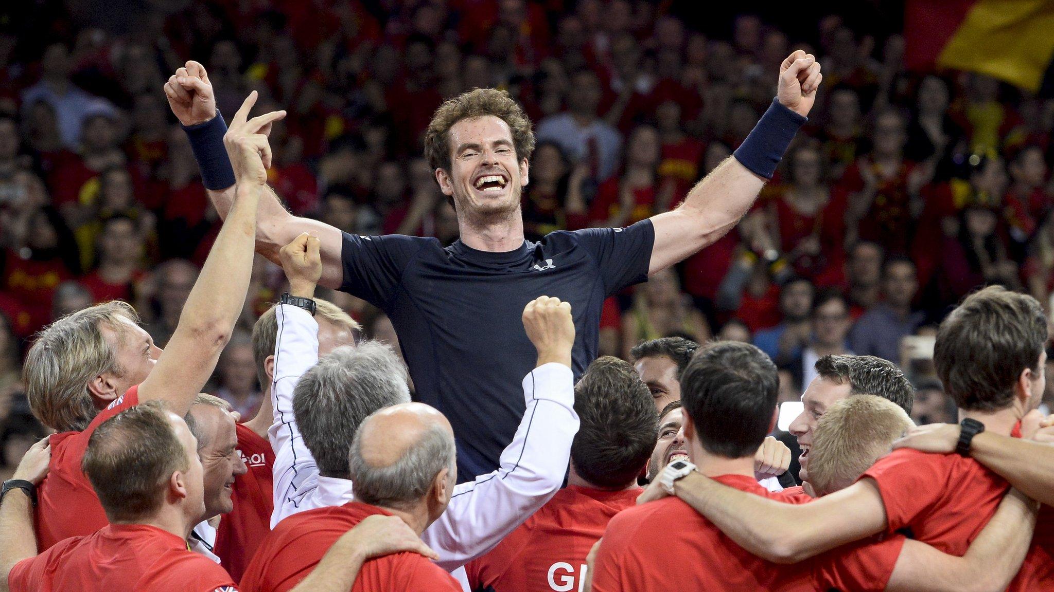 Andy Murray and GB team celebrate 2015 Davis Cup victory over Belgium