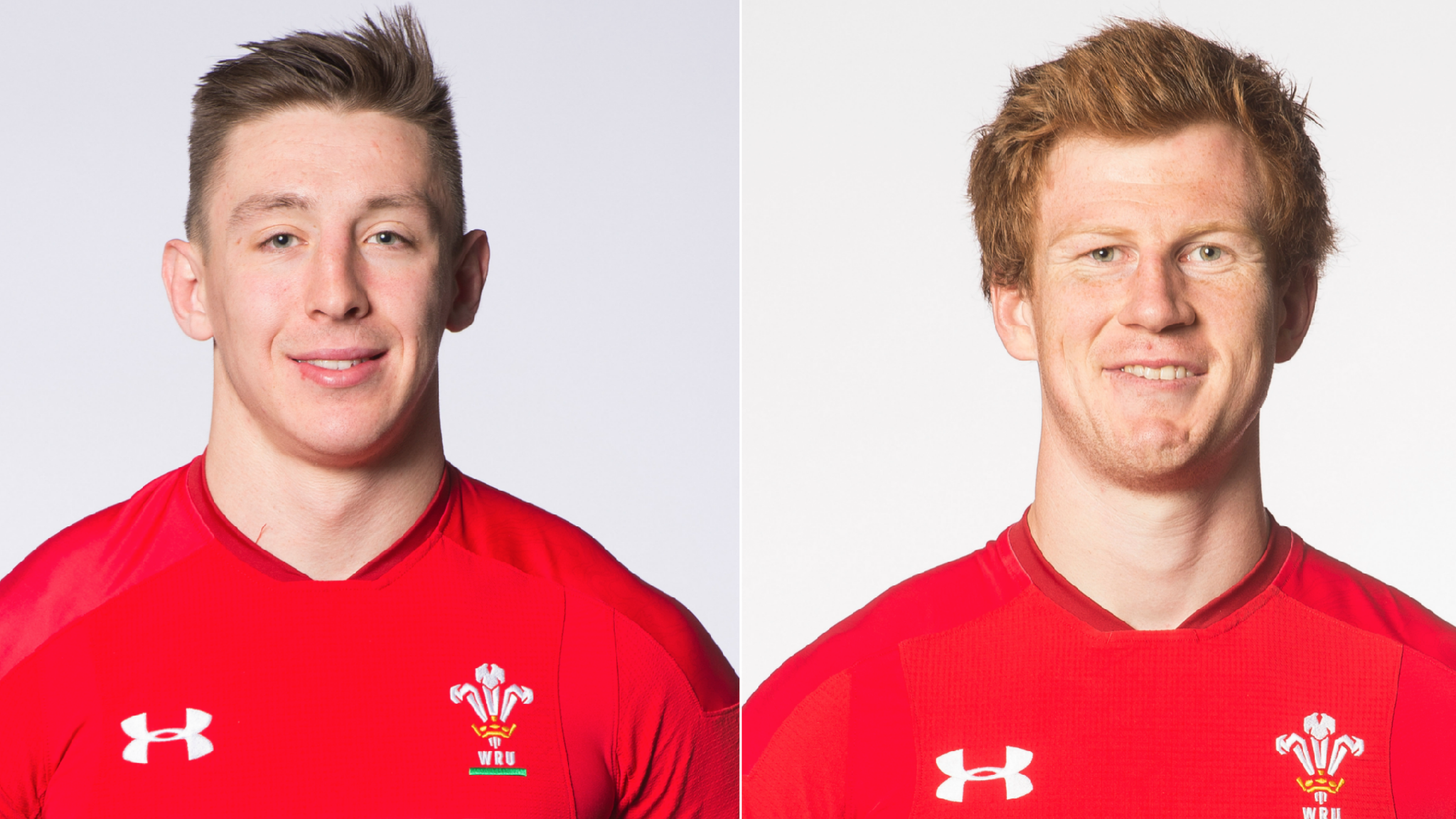 Josh Adams (L) and Rhys Patchell pose for their official Wales squad photographs