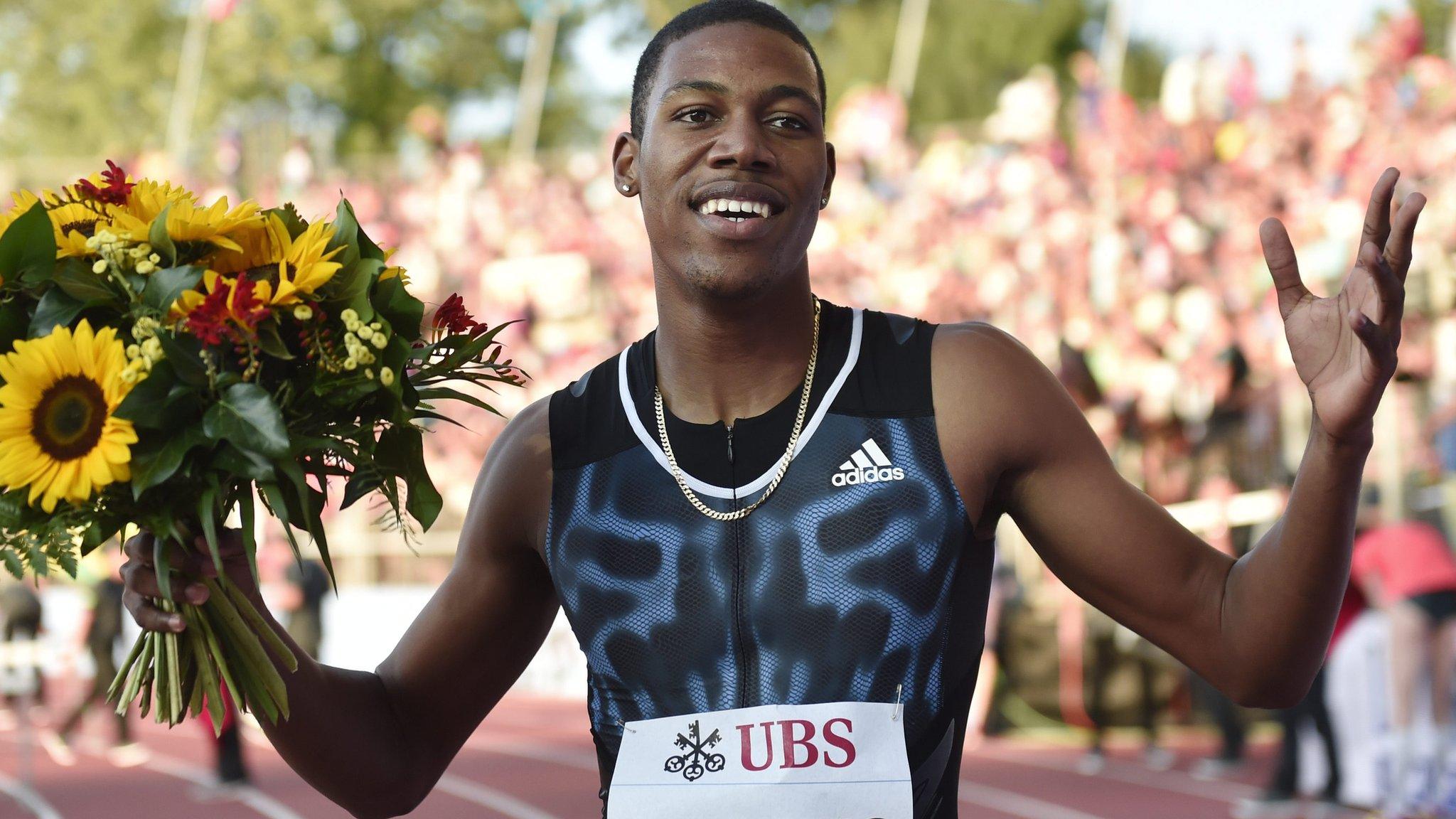 Zharnel Hughes celebrates his win in the Diamond Leauge in Lausanne