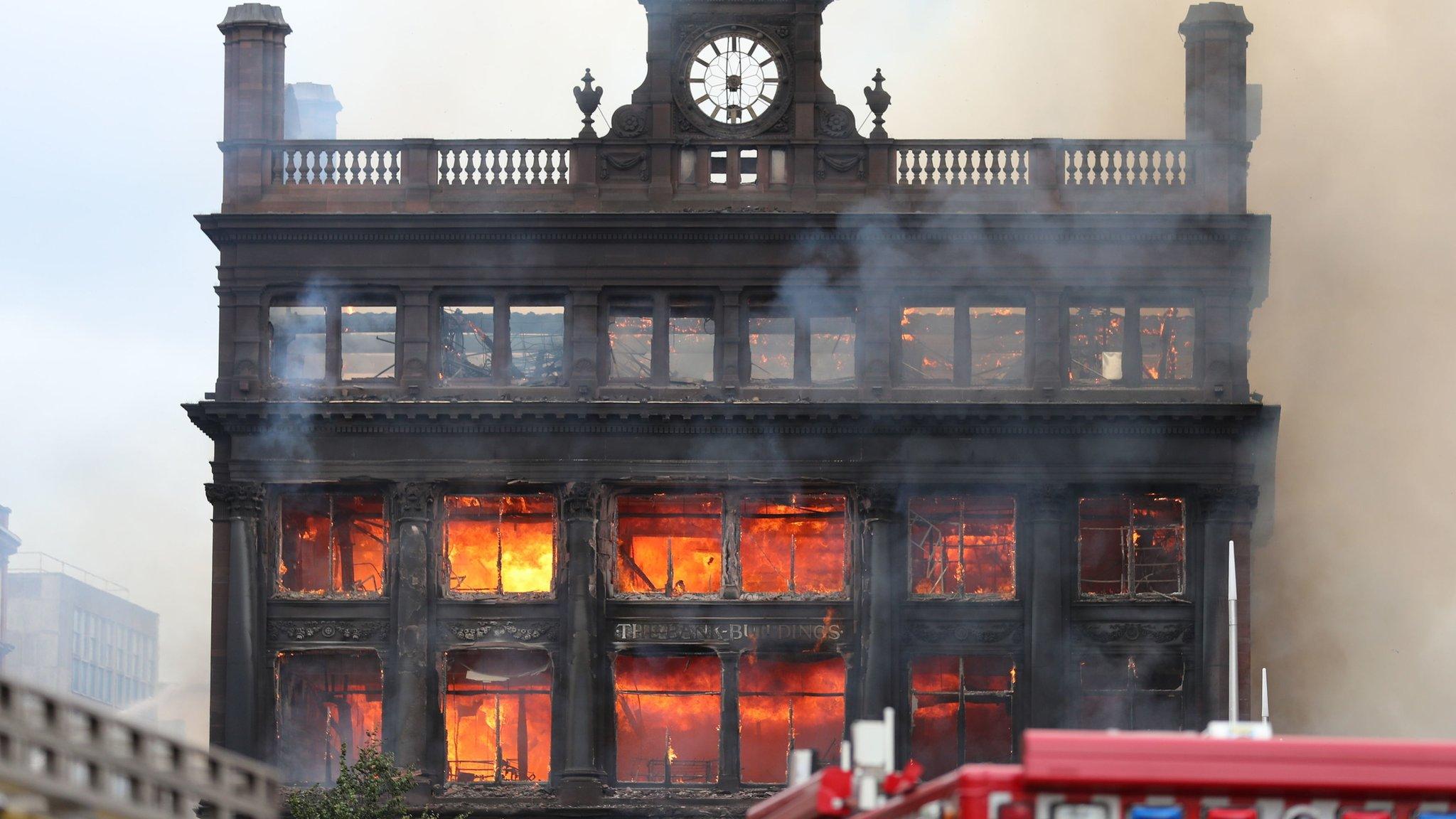 The Bank Buildings on fire