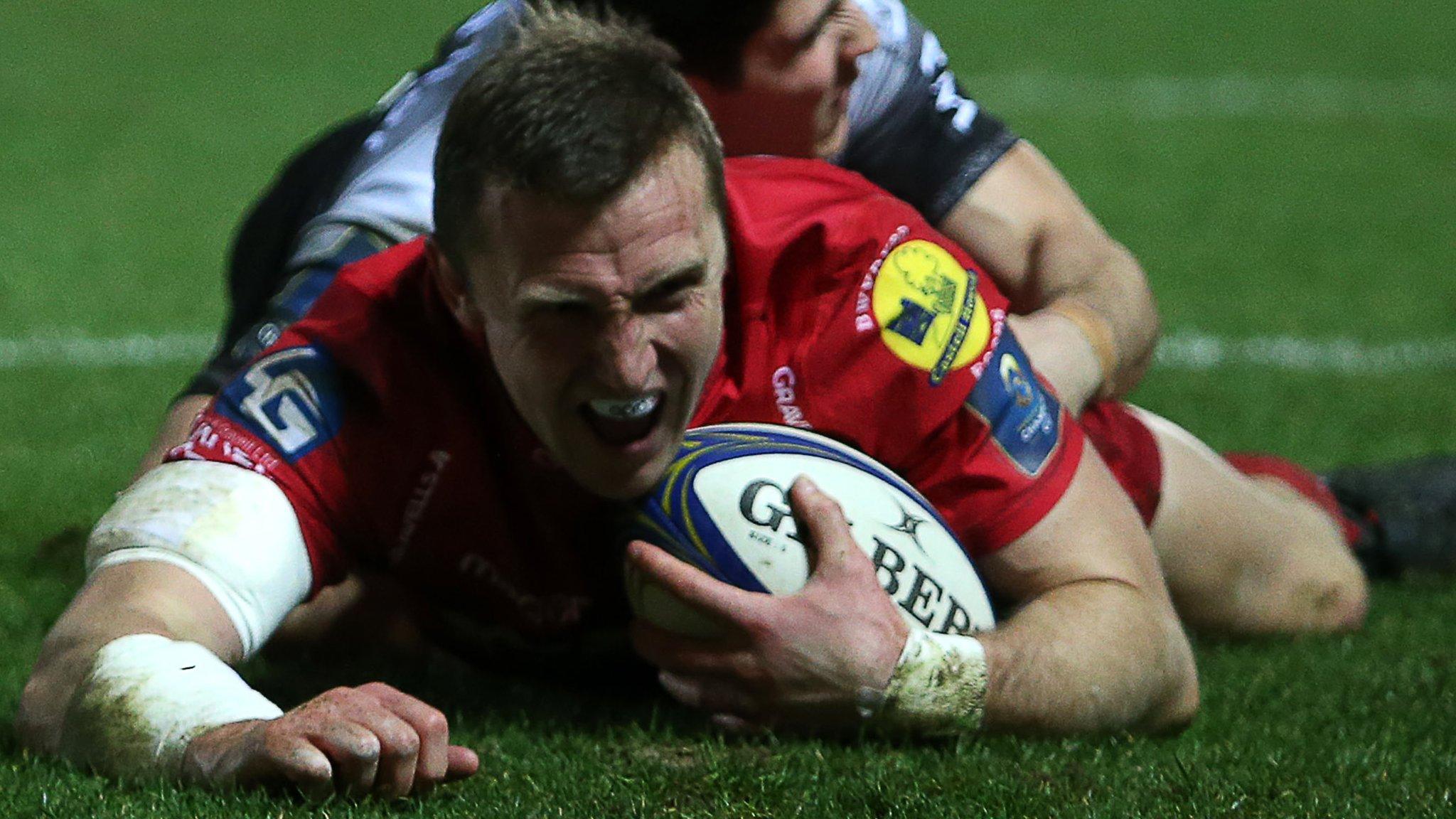 Hadleigh Parkes scores for Scarlets against Toulon in January, 2018