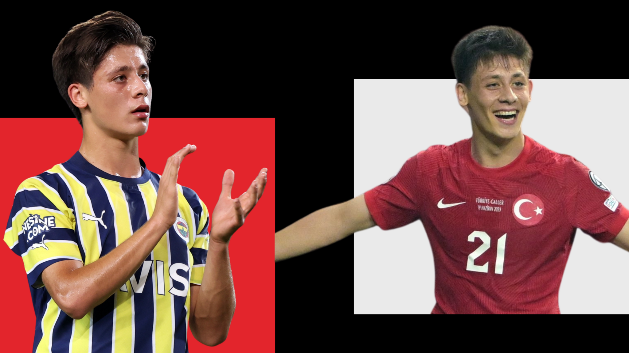 Arda Guler of Fenerbahce (left) and Turkey (right)