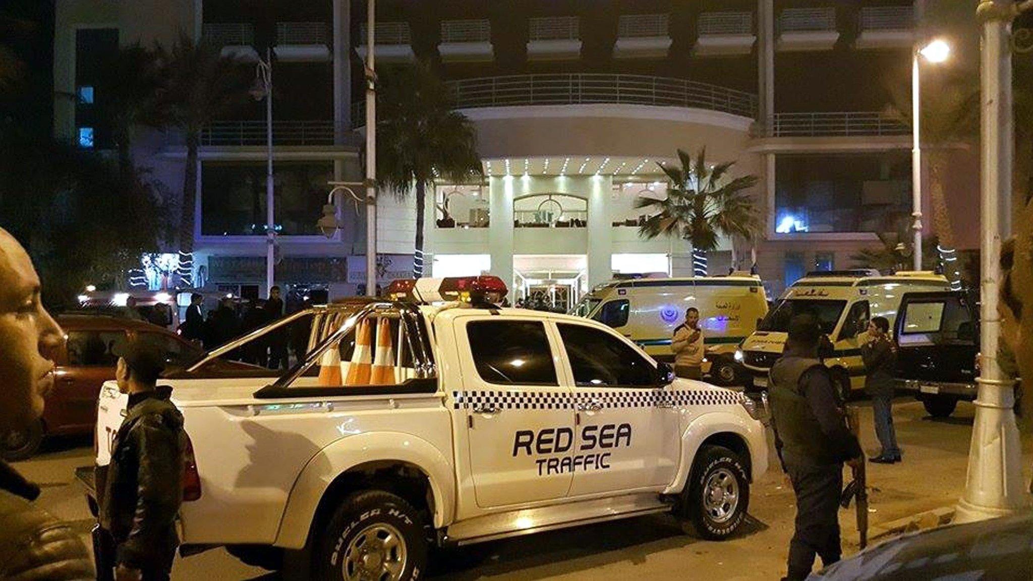 Egyptian security services outside the entrance to the Bella Vista Hotel in the Red Sea resort of Hurghada, Egypt (8 January 2016)