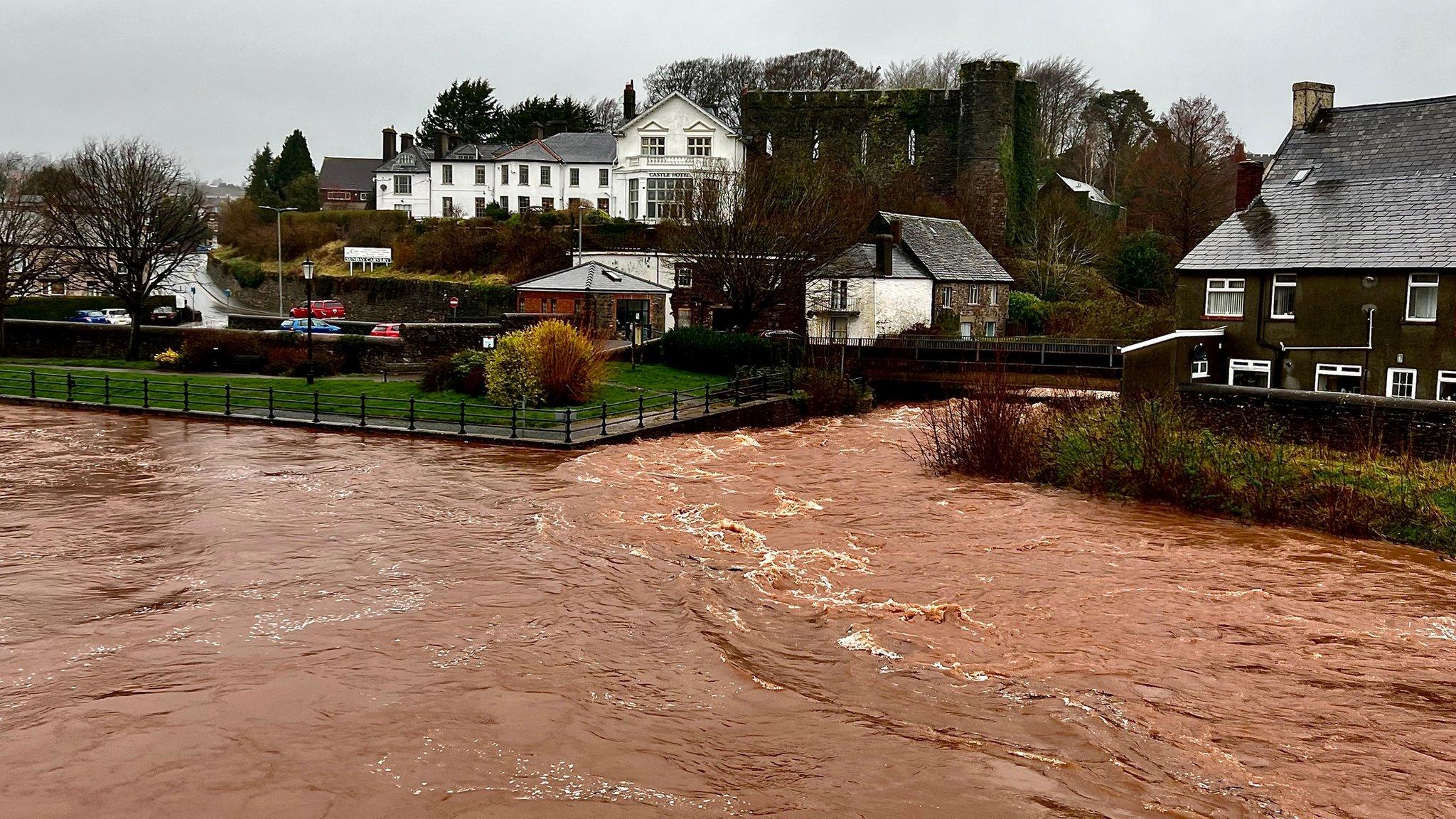 River Usk in full flow at Brecon in Powys