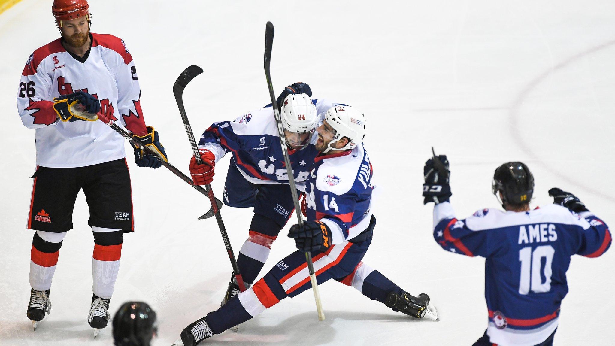21st June 2019, OBrien Group Arena, Melbourne, Victoria, Australia; 2019 Ice Hockey Classic, Canada versus USA; Ryan Siroky and Jake Kulevich of USA celebrate scoring a goal (photo by Morgan Hancock/Action Plus via Getty Images)