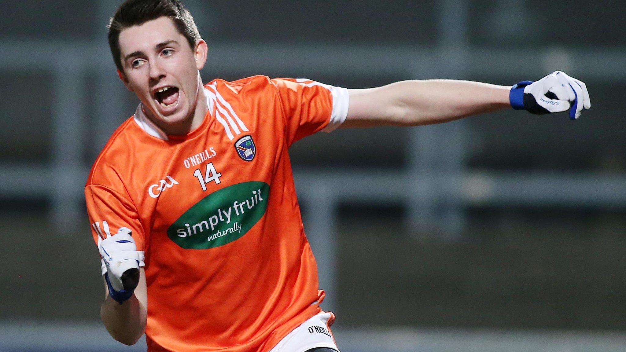 Armagh's Shane McPartlan celebrates scoring his second goal against Armagh