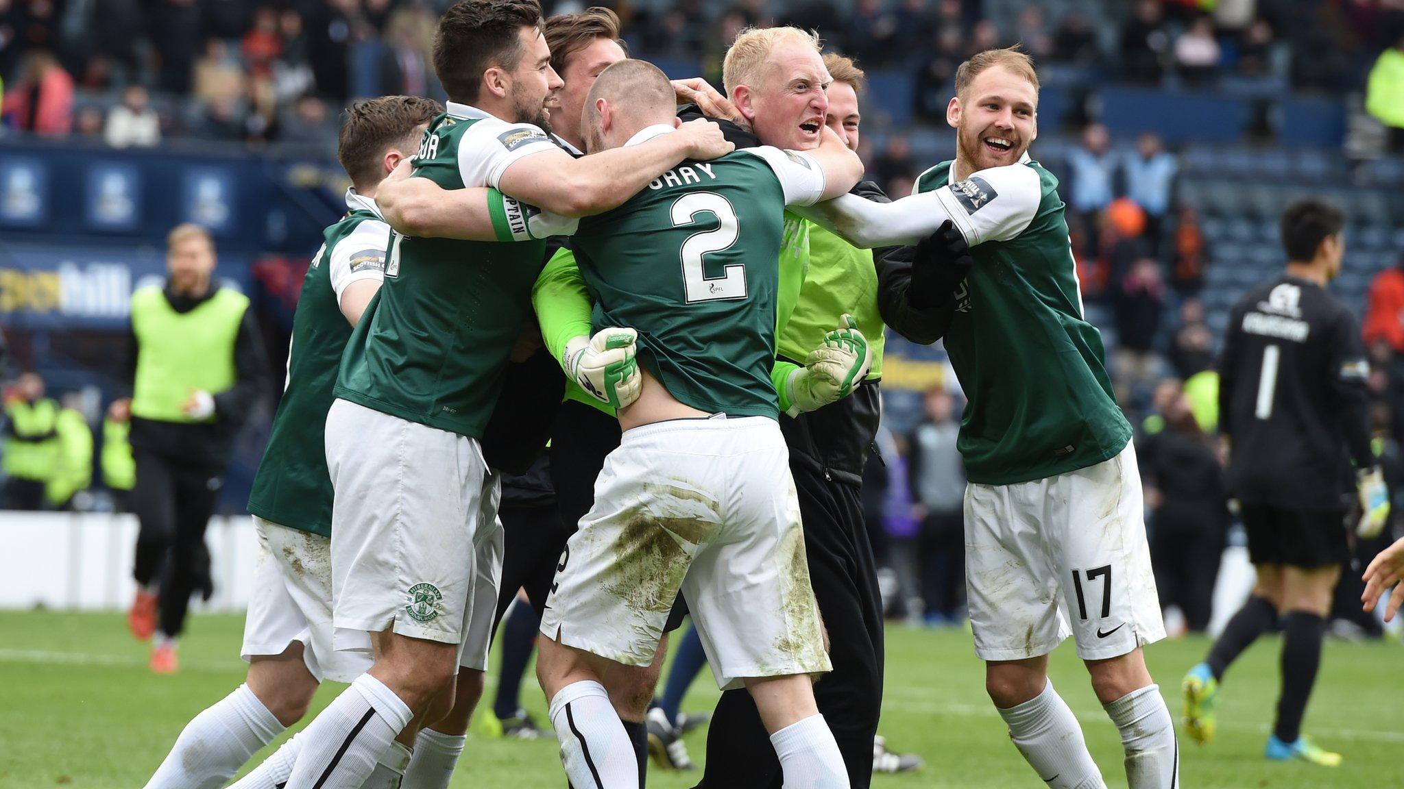 Hibernian players celebrate with keeper Conrad Logan