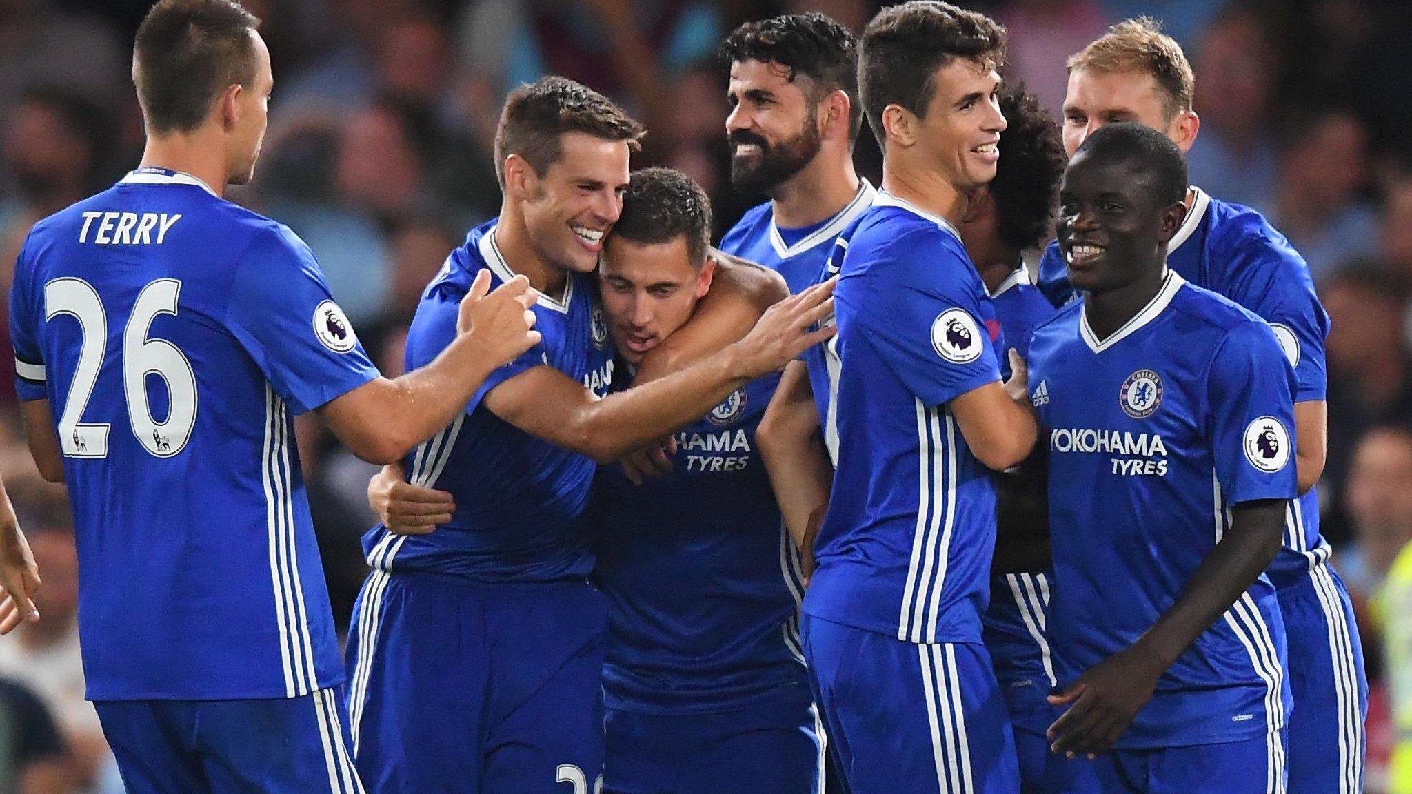 Chelsea players celebrate the goal