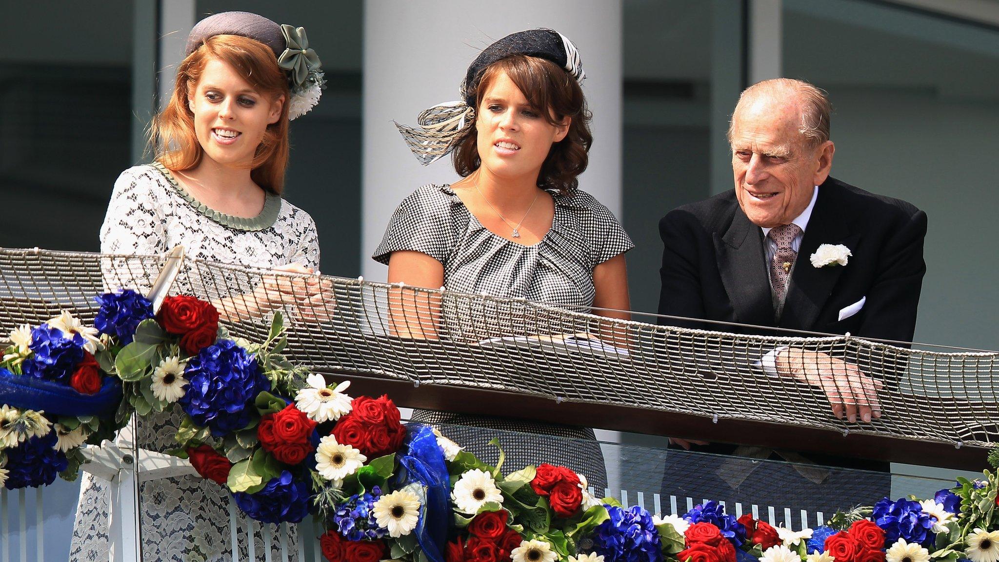 Princess Beatrice, Princess Eugenie and Prince Philip, Duke of Edinburgh at the Derby Festival in 2012